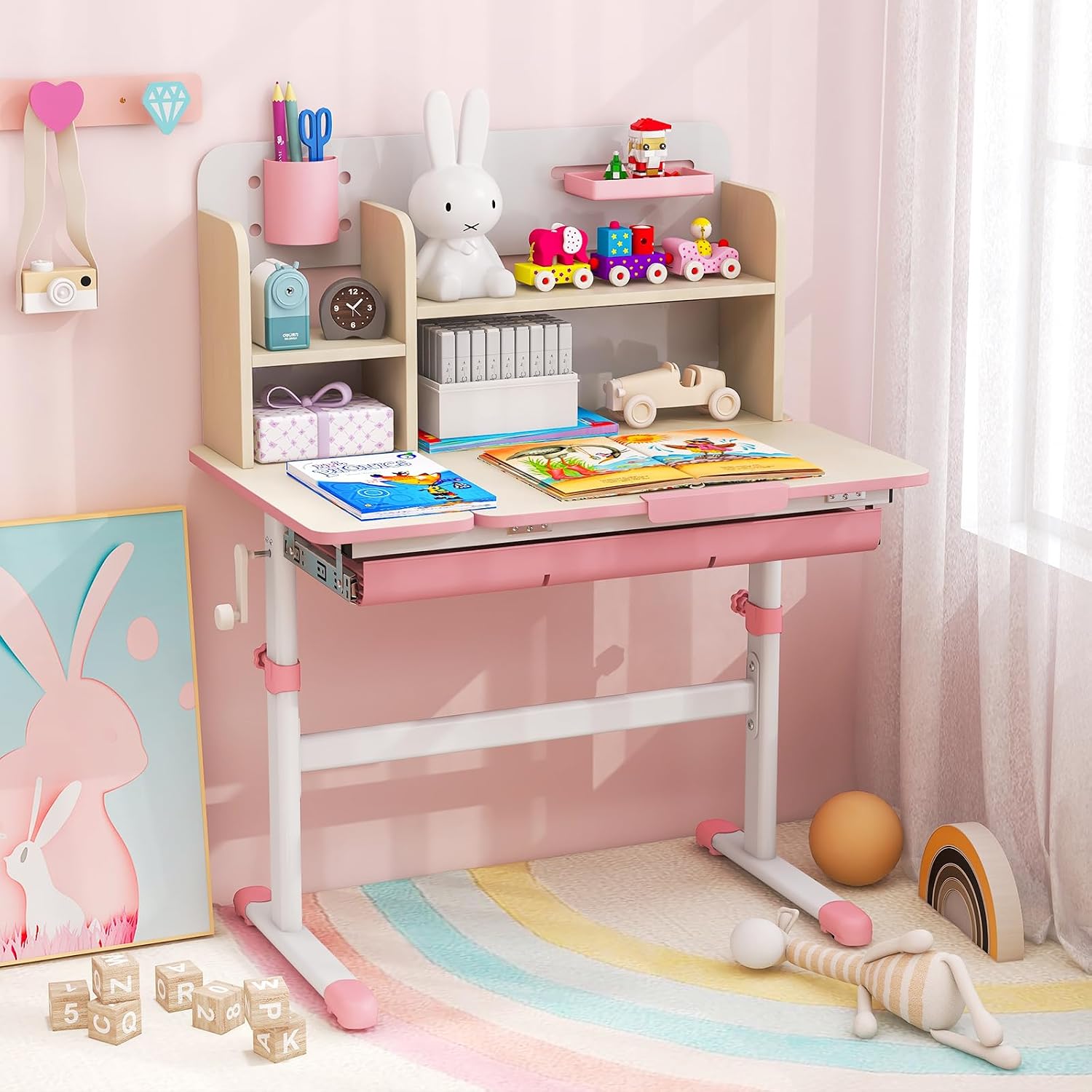 Costzon Kids Study Desk, Height Adjustable Children School Desk with Storage, Tilt Desktop, Pen Holder & Scale Ruler, Student Computer Desk Writing Table for Home School Use, Desk for Kids (Pink)