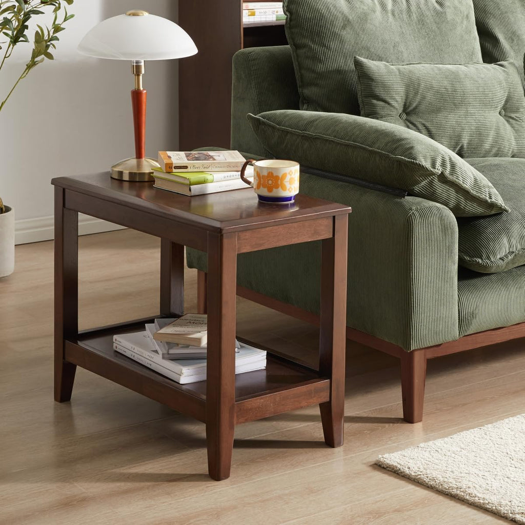 Solid Wood End Table with Storage Shelf, 2-Tier Rustic Side Table for Living Room, Walnut Rubber Wood Sofa Table, Small Space Nightstand or Indoor Plant Stand