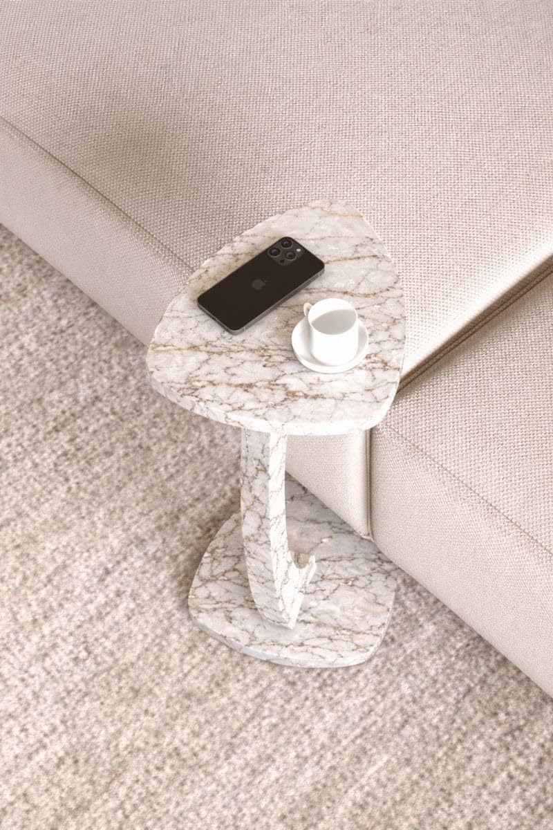 C Shaped Triangular Top Table for Couch Small Places, Space Saver Sheild Top Side Table for Sofa and Bedside with Wheels, Coffee and Eating Snack for Living Room, Office (White Marble)