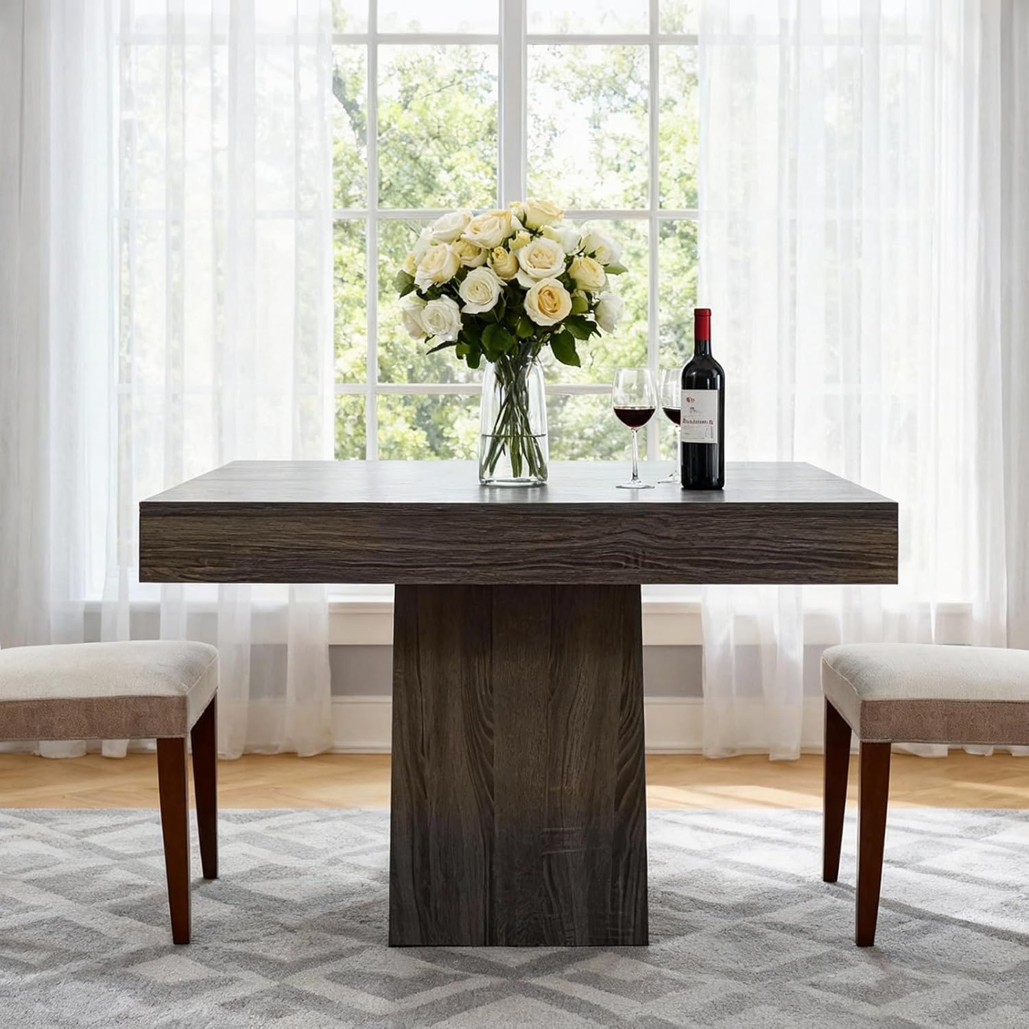 GarveeHome Square Dining Table for 4, 31.5'' Small Kitchen Table with Pedestal Base, Farmhouse Dinner Tables for Kitchen, Dining Room, Living Room, Cafe, Apartment, Small Spaces (Grey-Black)