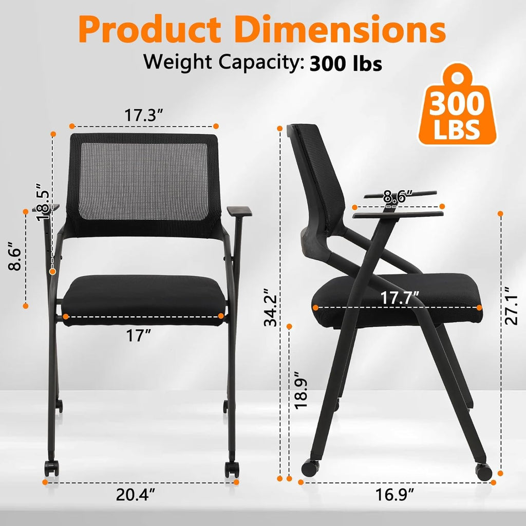 CLATINA Ergonomic Stackable & Foldable Conference Room Chairs, Mesh Office Chair with Arms and Wheels for Office Waiting Room Meeting Lobby Church School Receptions and Training Black