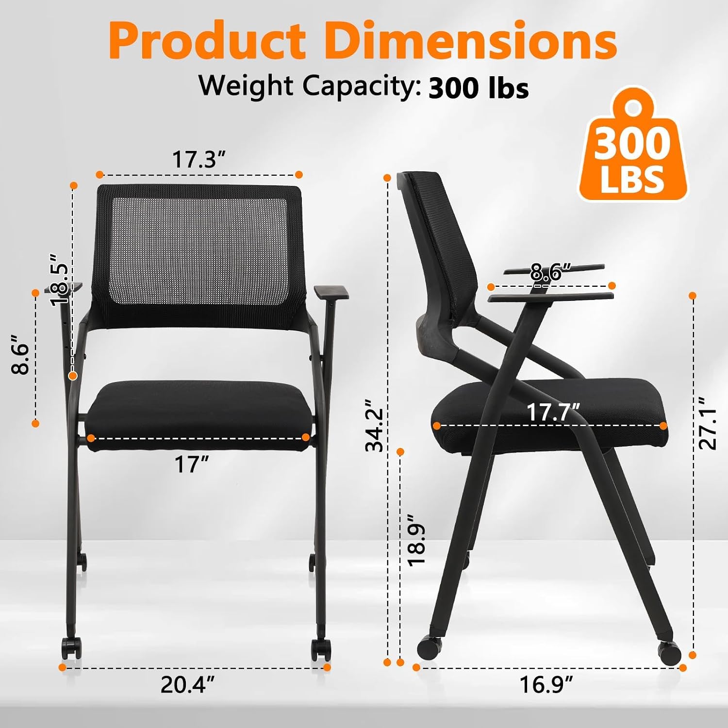 CLATINA Stackable Foldable Conference Room Chairs with Wheels, Portable Padded Office Desk Chair with Lumbar Support and Armrest for Training Room, Guest, Reception, Event, Black (1pk)