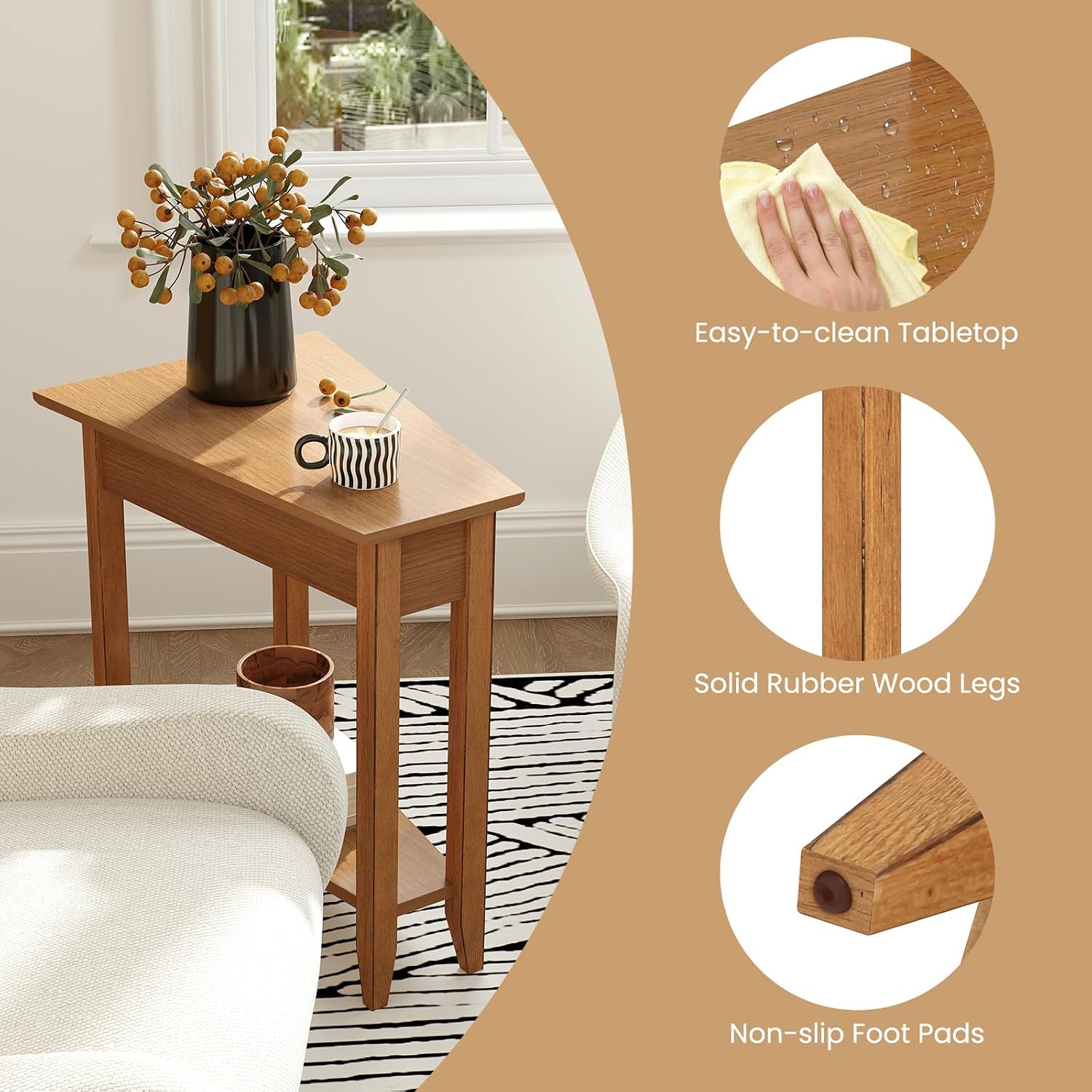 GOFLAME 2-Tier Wedge End Table, Narrow Triangle Side Table with Storage Shelf, Solid Wood Legs, Nightstand, Recliner Wedge Table for Living Room, Bedroom, Small Space, Rustic Walnut