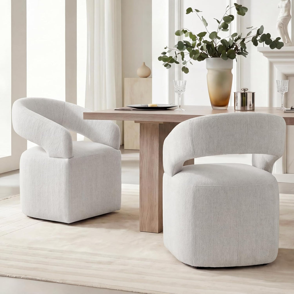 KISLOT Upholstered Dining Chairs Set of 2, Modern Arm Kitchen & Dining Room Chairs with Hidden Casters, Linen Fabric Padded Rolling Chairs, Sturdy Wood Frame, 300 lbs Capacity, Light Linen
