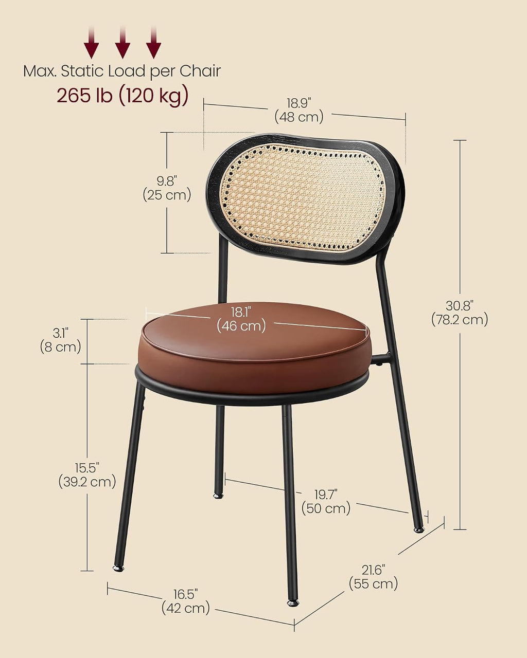 VASAGLE Dining Chairs, Set of 2 Accent Chair for Dining Room Kitchen, with Boho PE Rattan Back, Synthetic Leather Upholstery, Coffee Brown ULDC160K02