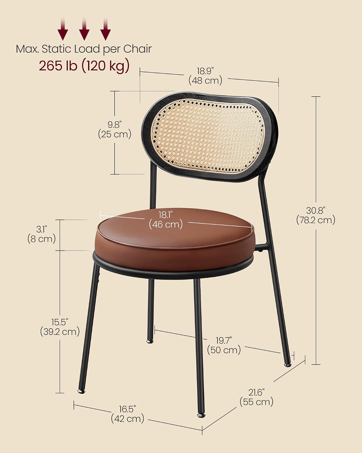 VASAGLE Dining Chairs, Set of 2 Accent Chair for Dining Room Kitchen, with Boho PE Rattan Back, Synthetic Leather Upholstery, Coffee Brown ULDC160K02