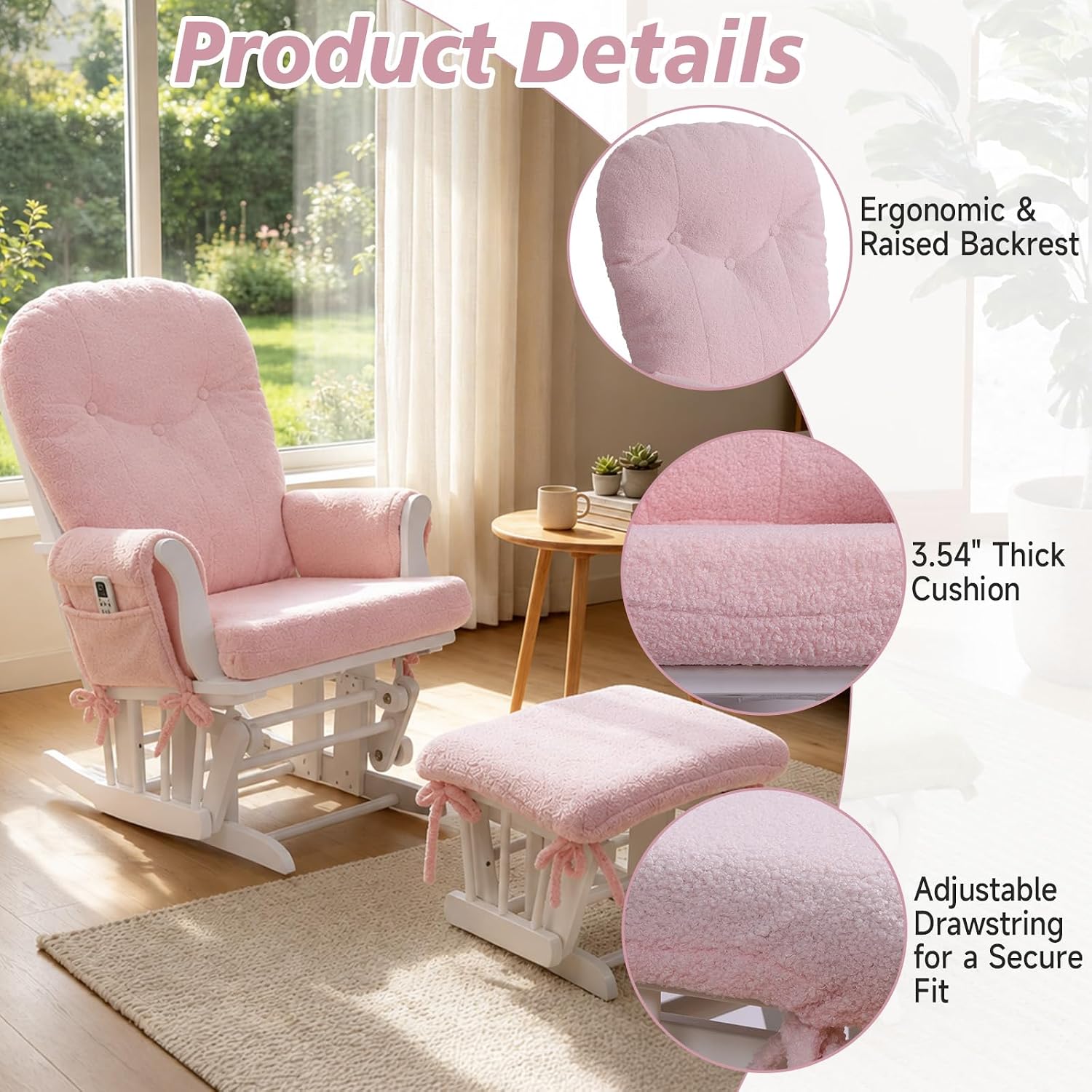 Boshen 5PCS Glider Rocker Replacement Cushions with Ottoman Cover, Tufted High Back & Teddy Plush Rocking Chair Cushion Set, Thickened 3.5'' Glider Cushions with Side Pockets for Indoor Nursery, Pink