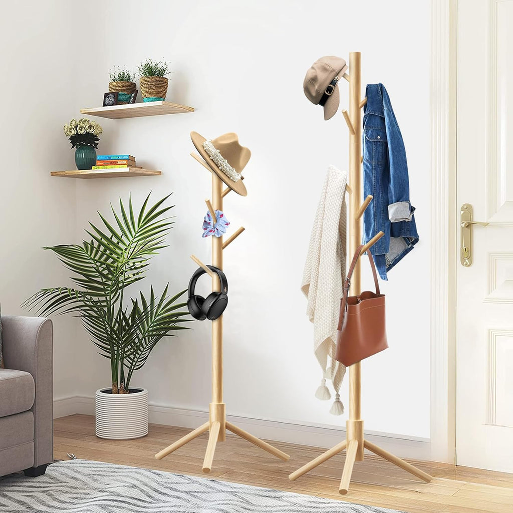 Wooden Coat Rack Freestanding with 8 Hooks,Easy Assembly New Zealand Pine Tree Coat Racks, 3 Adjustable Sizes for Clothes, Hats, Bags, for Entryway, Hallway, Bedroom, Office (Natural, 2PCS)