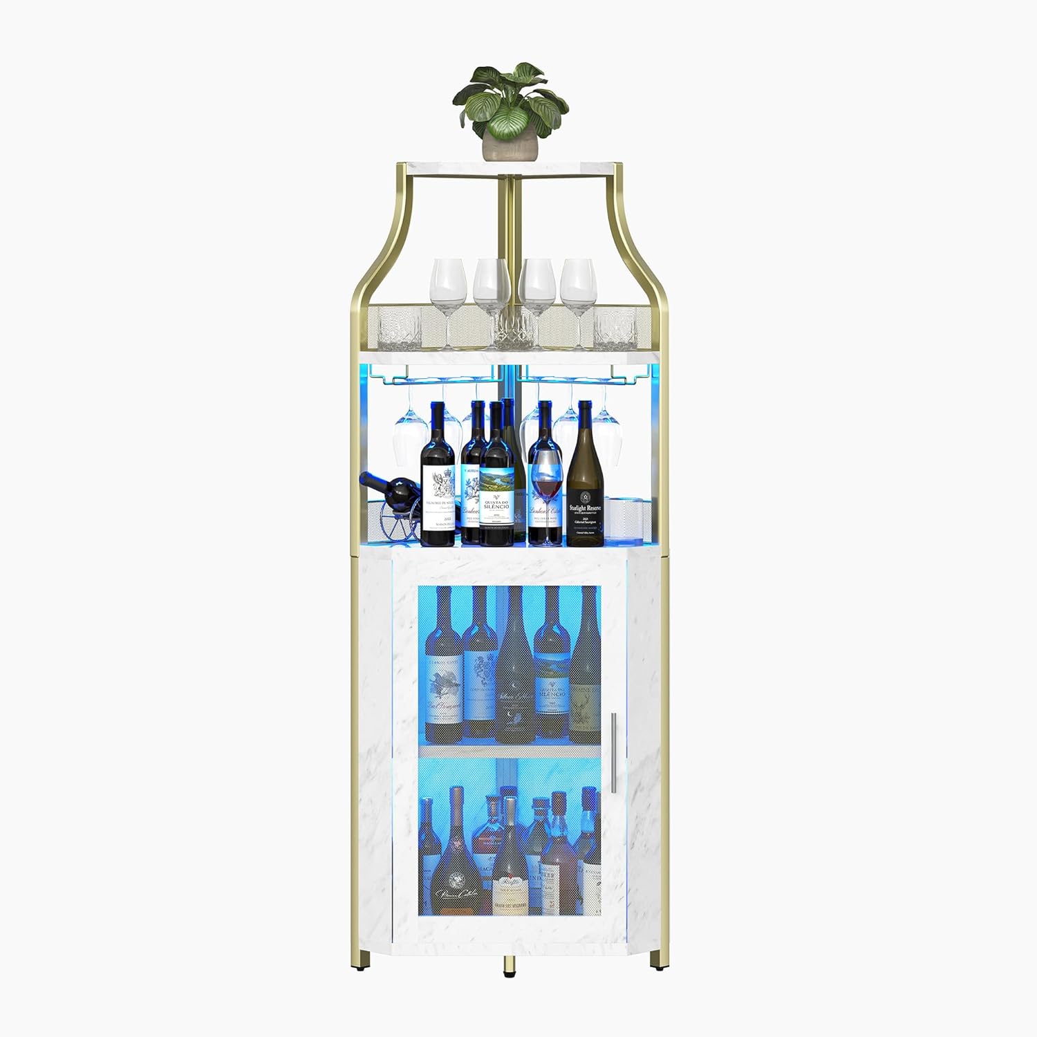 IDEALHOUSE Corner Bar Wine Cabinet with LED Lights & Glass Holder Wine Bar Rack Cabinet with Mesh Door & Glass Holder,Industrial Liquor Cabinet for Home, Kitchen, Dinning Room,Gold