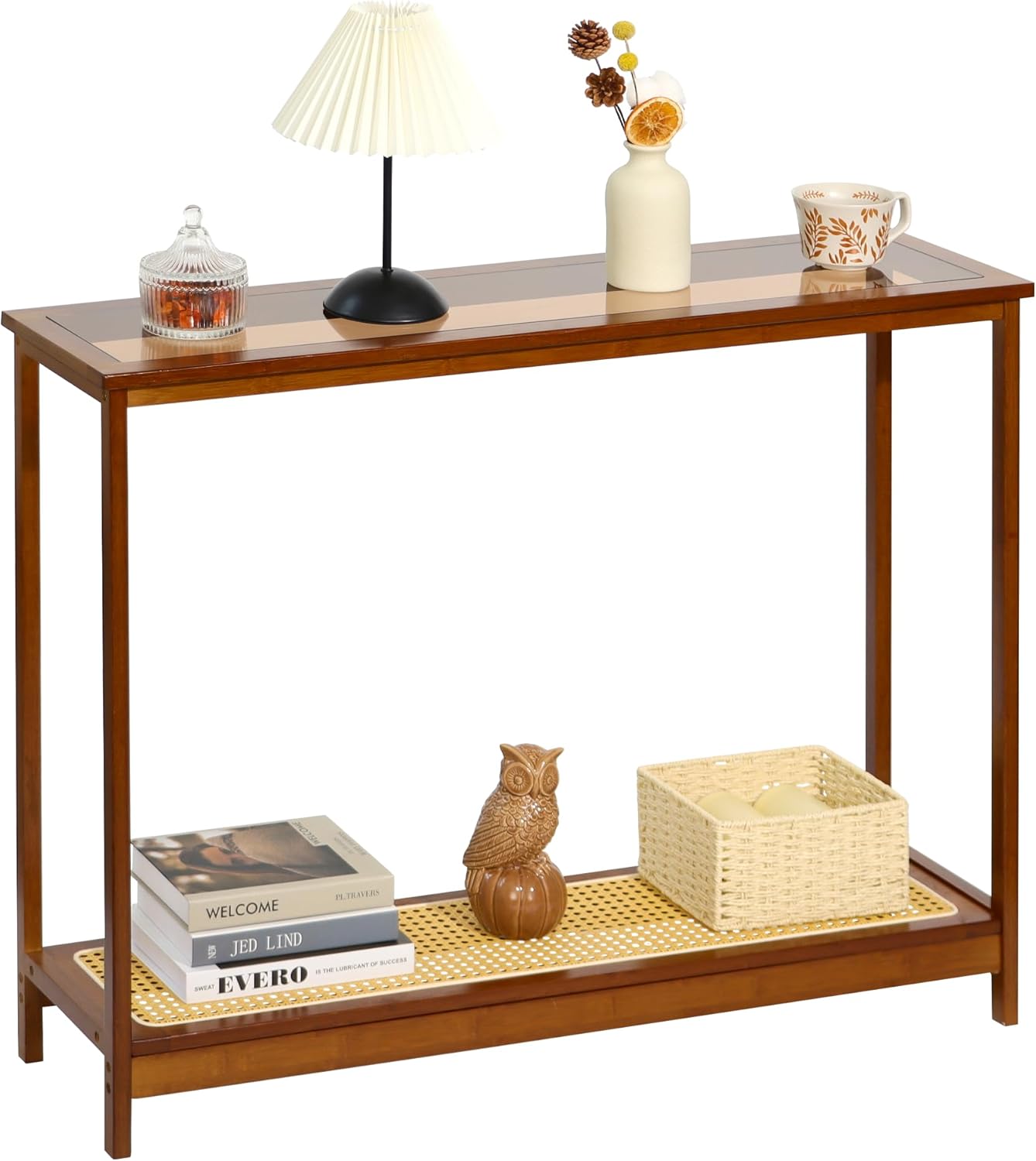 Bamboo Narrow Console Table, 39.4"(L) Wood Small Entryway Table with Rattan and Glass, Accent Slim Hallway Tables, Thin Sofa Side Tables for Hallway, Living Room, Bedroom, Foyer, Walnut