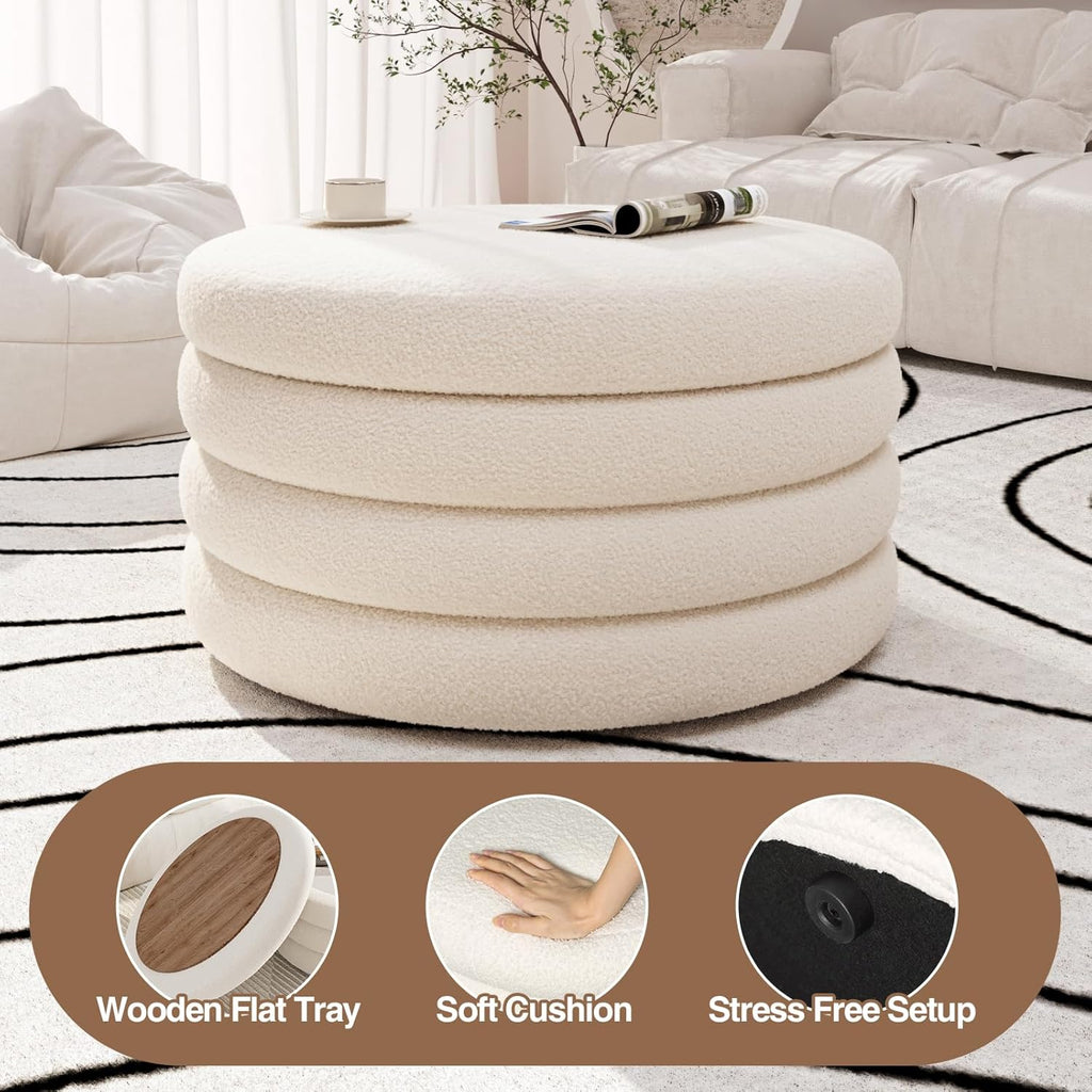 FiveWillowise 30 Inch Round Ottoman with Storage,Large Sherpa Storage Coffee Table Ottoman with Tray, Multi-Functional Cozy Modern Foot Rest for Couch, Living Room, Bedroom,Cream White