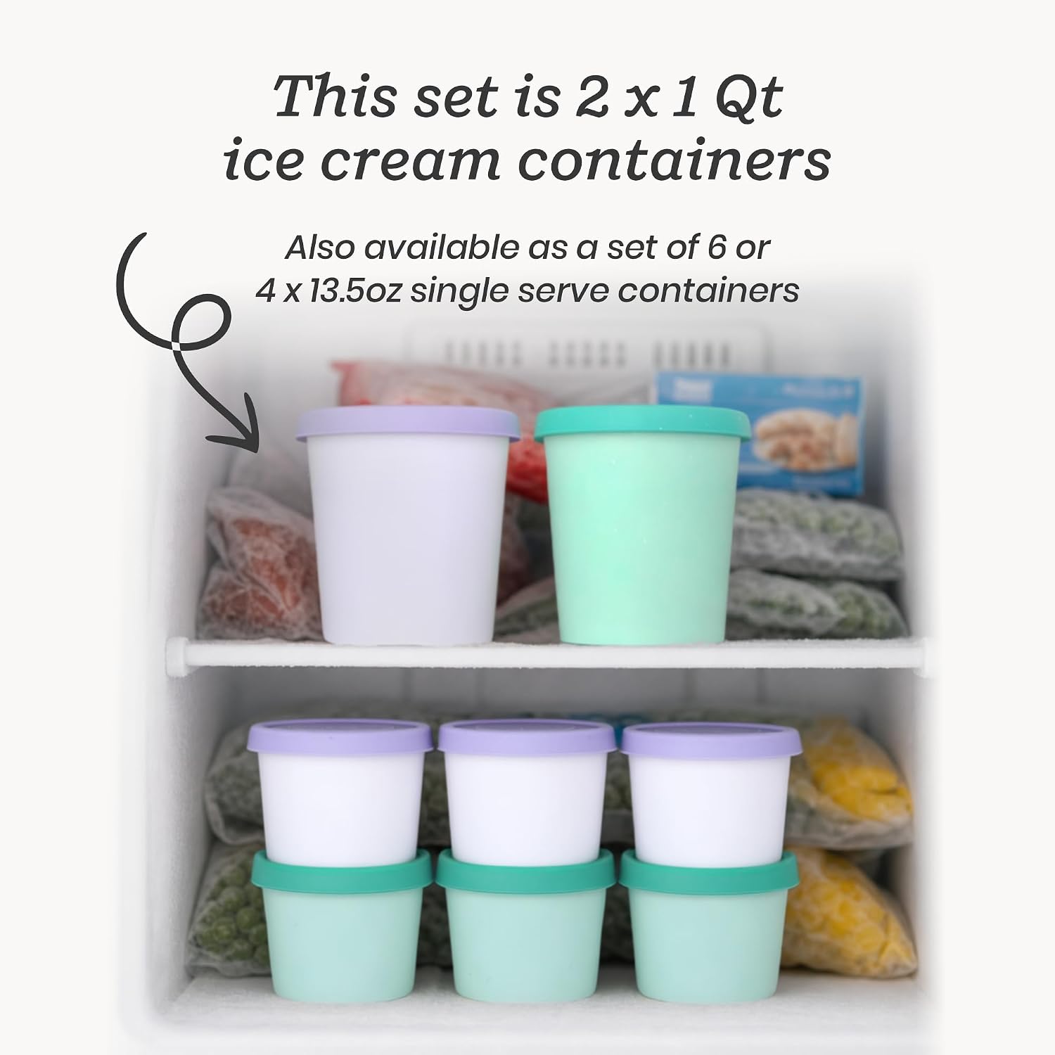 StarPack Freeze The Day Homemade Ice Cream Containers (2-Pack, 1 Quart) - Airtight Silicone Lids, BPA-Free Reusable Ice Cream Freezer Containers with Lids, Stackable, Lavender & Mint