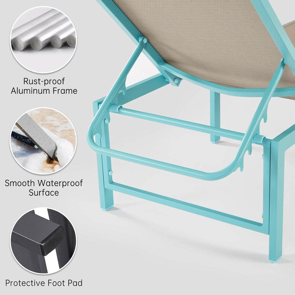 Outdoor Lounge Chair, 5-Position Aluminum Chaise Lounge with Wheels & Armrests, 300 lbs Heavy Duty Patio Pool Chair for Deck, Backyard, Beach & Poolside (Blue,1PCS)