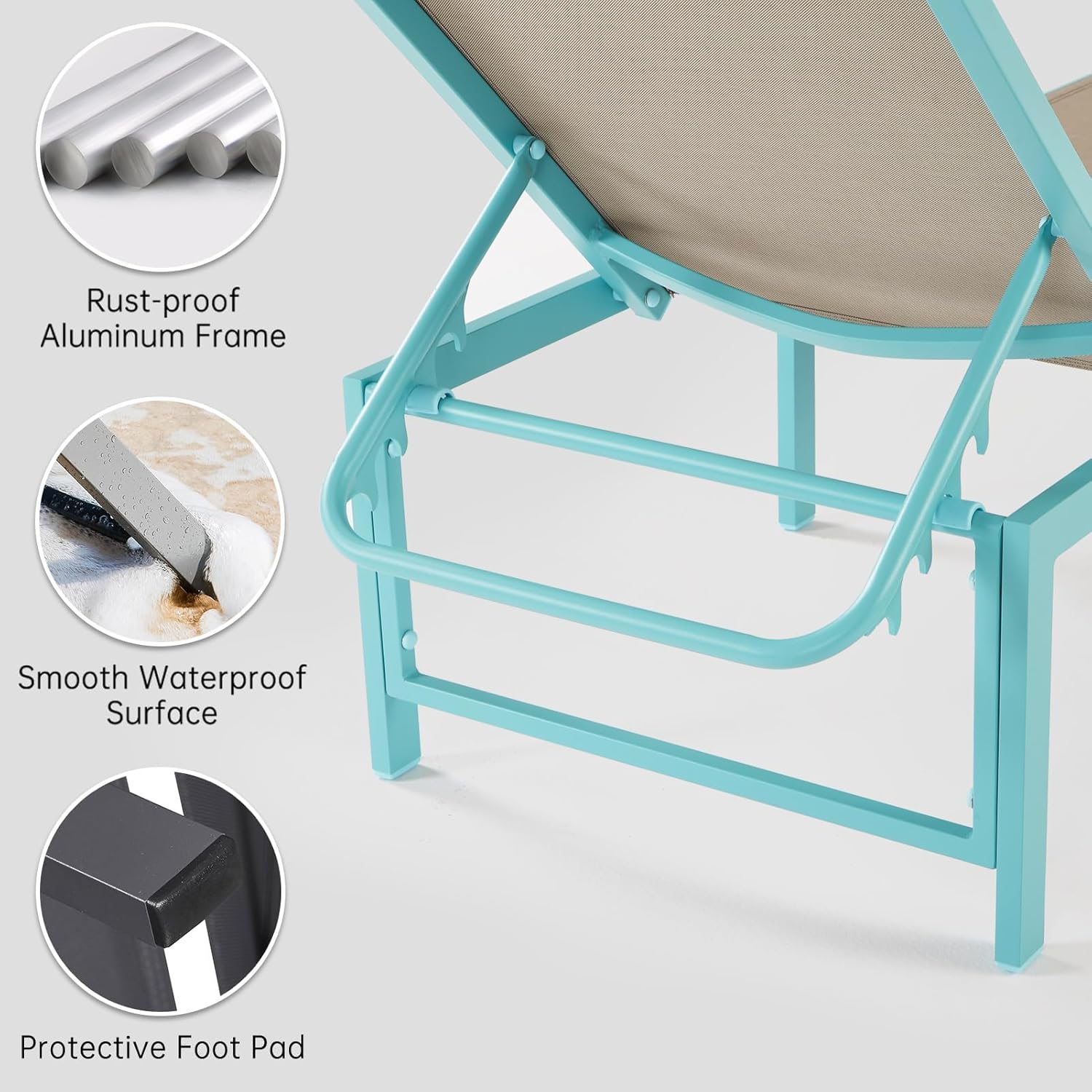 Outdoor Lounge Chair, 5-Position Aluminum Chaise Lounge with Wheels & Armrests, 300 lbs Heavy Duty Patio Pool Chair for Deck, Backyard, Beach & Poolside (Blue,1PCS)