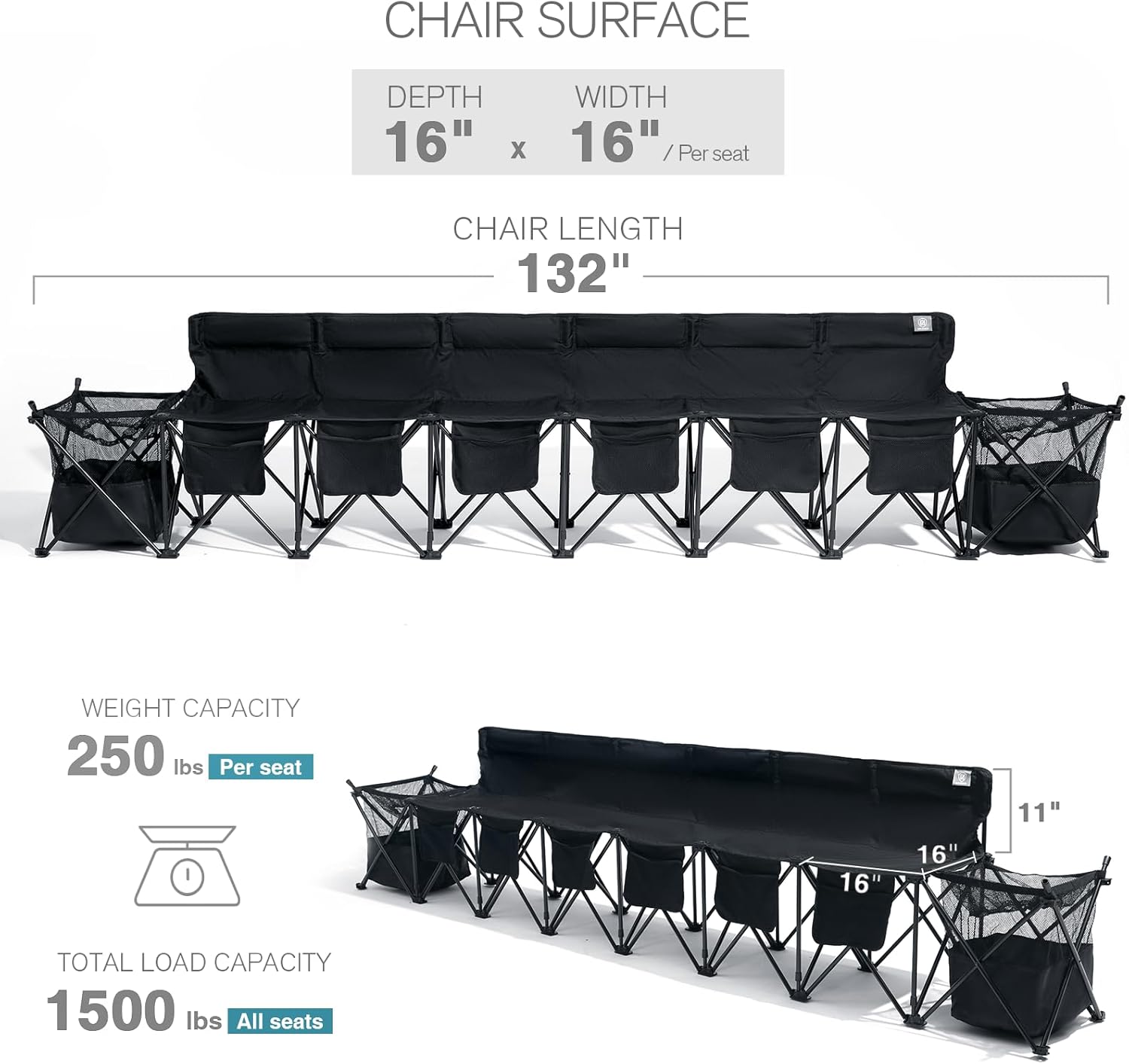 EVER ADVANCED 6 Seats Folding Soccer Team Bench with Carry Bag, Portable Soccer Sideline Chairs with Side Storage Basket, Sports Football Seating for Camping & Outdoor Games Events