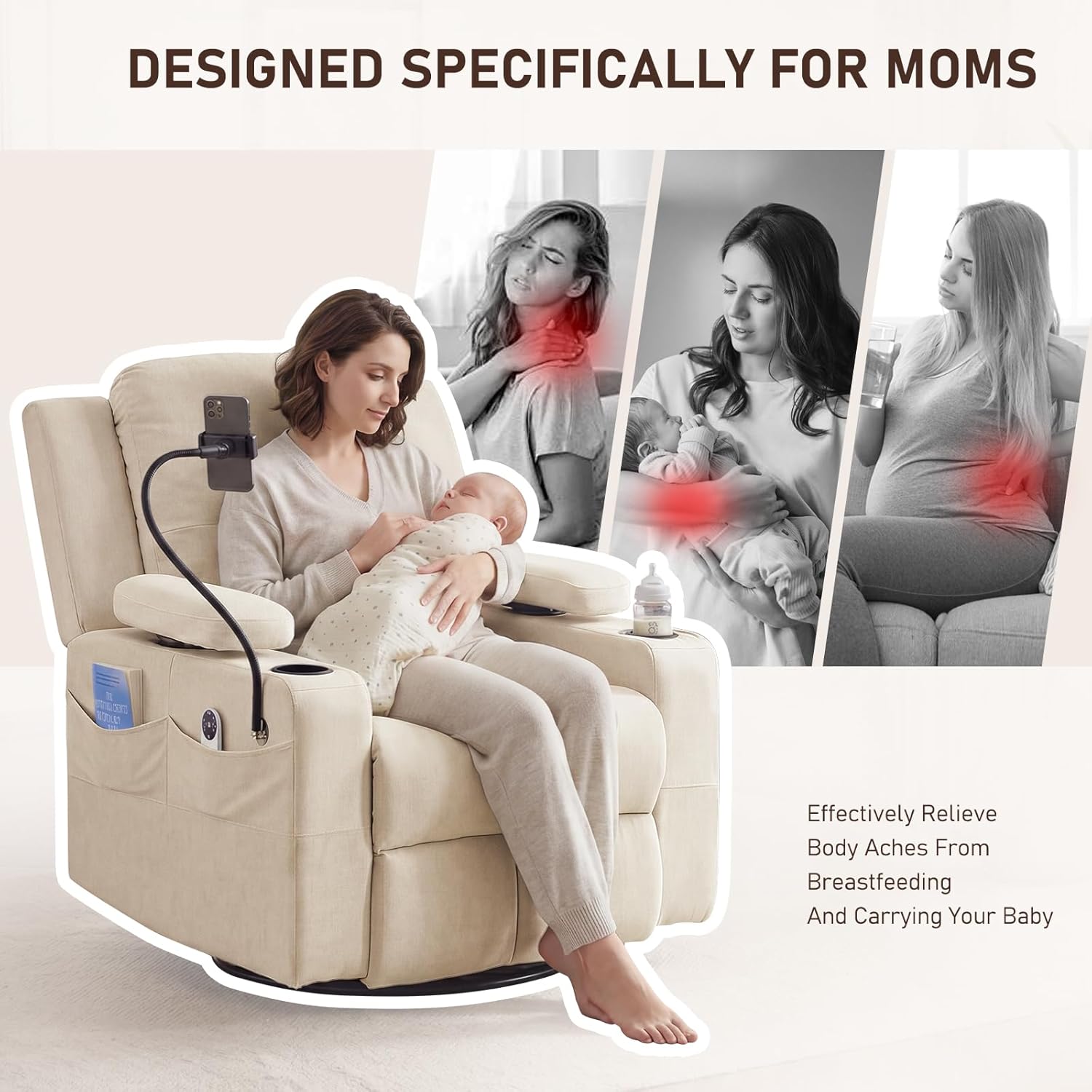 Furnimart Power Rocking Chair Nursery with Adjustable Armrests, Triple Motor Glider Recliner Swivel Nursing Chair for Breastfeeding with Phone Holder, Side Storage, Soft Waterproof Fabric, Beige