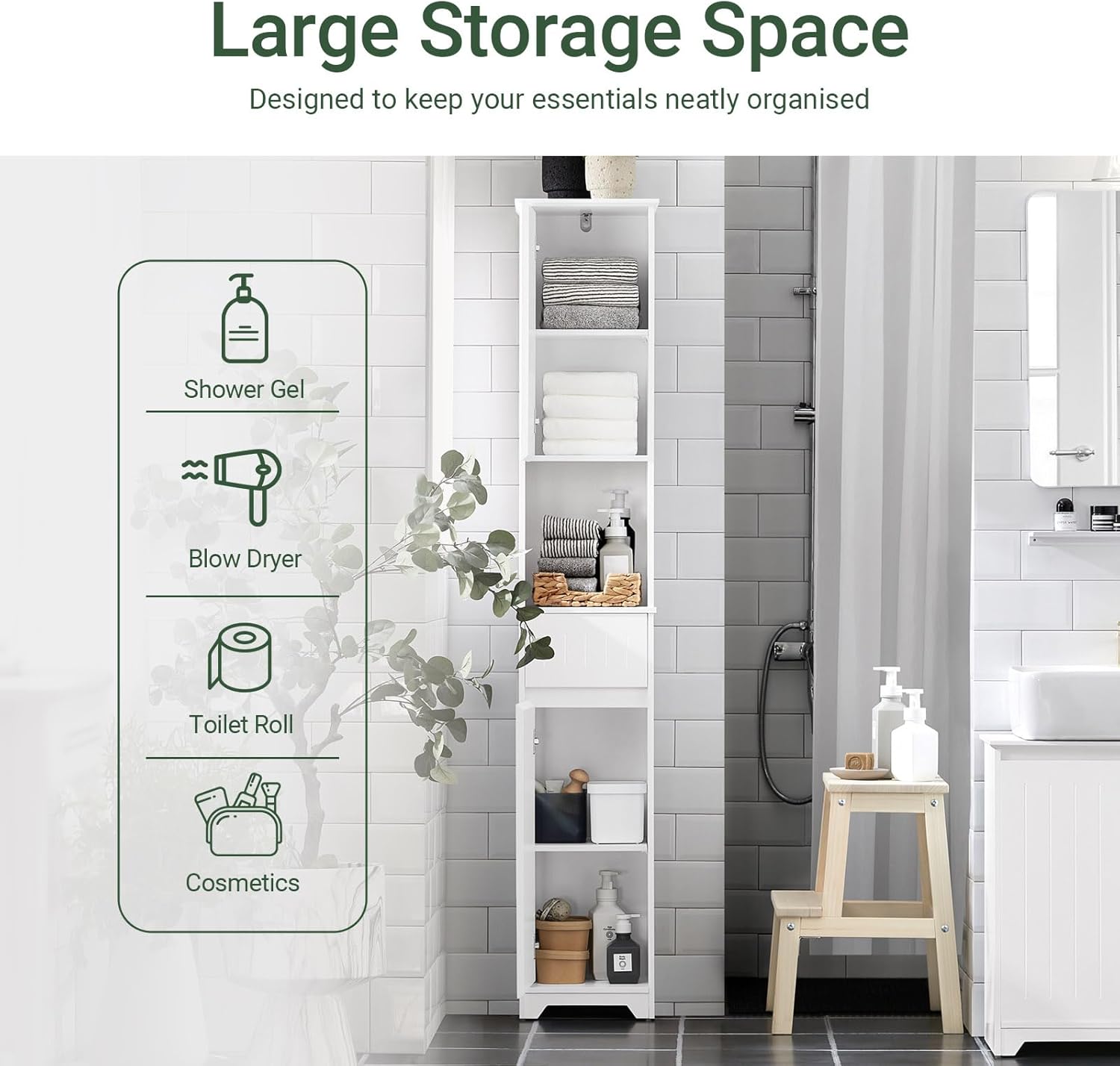 SoBuy Narrow Bathroom Storage Cabinet, Tall Slim Bathroom Organizers and Storage for Small Spaces, Freestanding Skinny Cabinet with Doors and Shelves for Tight Corners, White BZR109-W