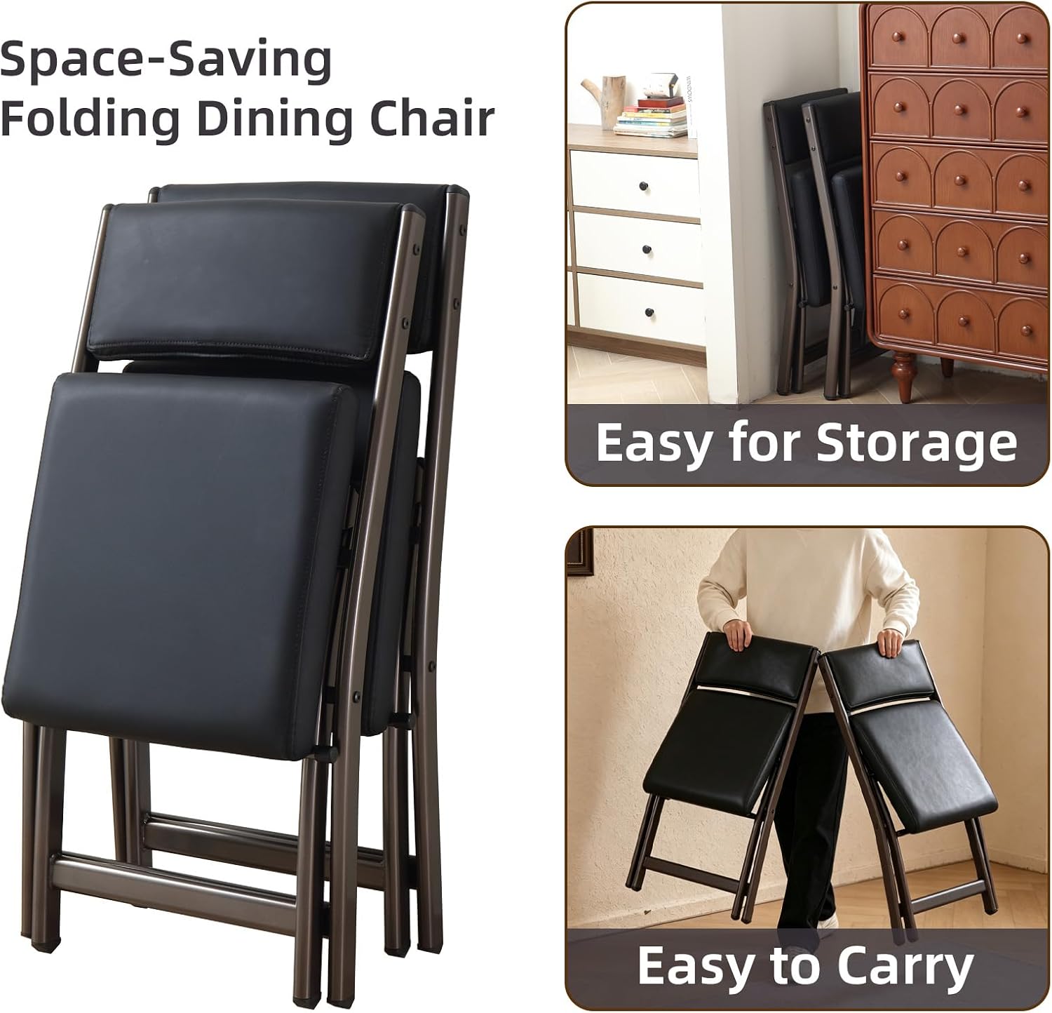 Folding Chairs with Cushion 2 Pack, High-Resilience Foam, Black | 450LBS Capacity, 2-Inch Thick Cushion, 4.7" Folded, Foldable Dining Chairs for Kitchen Dining Room Wedding Office Party