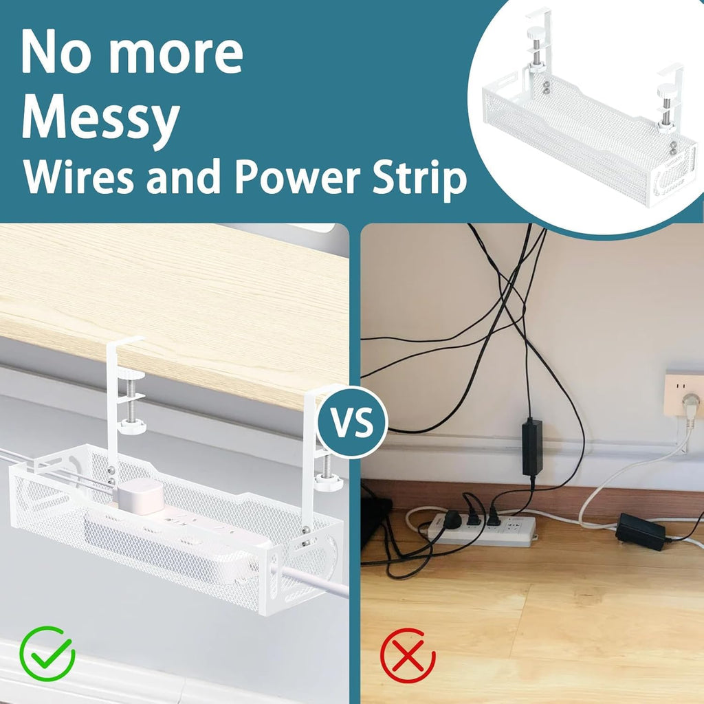 Under Desk Cable Management Tray, No Drill Mesh Desk Cable Tray, Wire Management Tray Cable Management Rack, Wire Organizer and Cable Management Box (White)