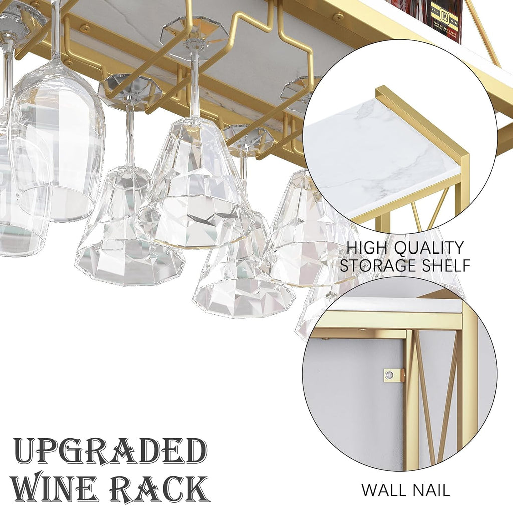 Dokser Wine Rack Wall Mounted Shelf - 2 Tier, Rustic Wood & Industrial Iron Frame Wine Bottle Holder for Kitchen, Dining Room, Home Bar Decor (Gold)