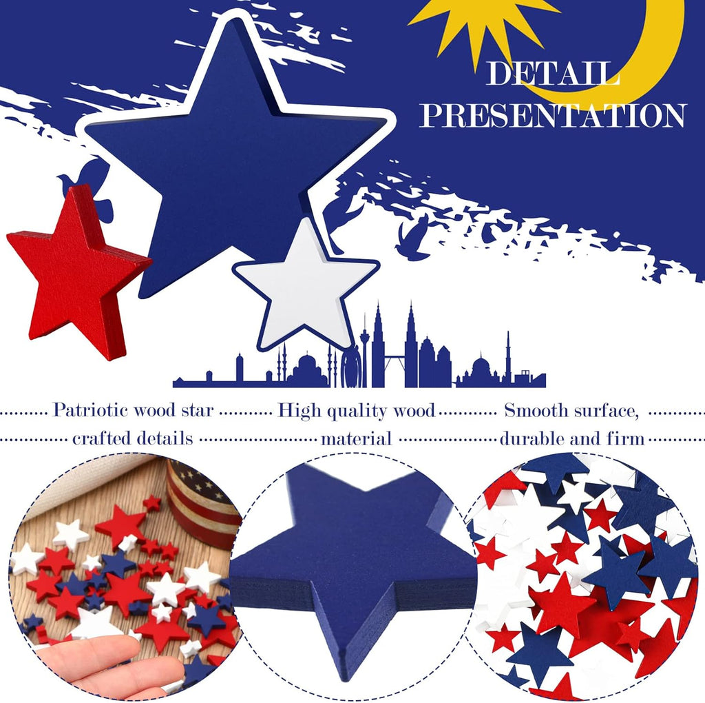 Bucherry 120 Pcs 4th of July Patriotic Wood Stars Red White Blue Crafts 250th Anniversary Independence Memorial Veterans Day DIY Craft Vase Bowl Filler Table Tiered Tray Decoration (0.4,0.8,1.2 Inch)