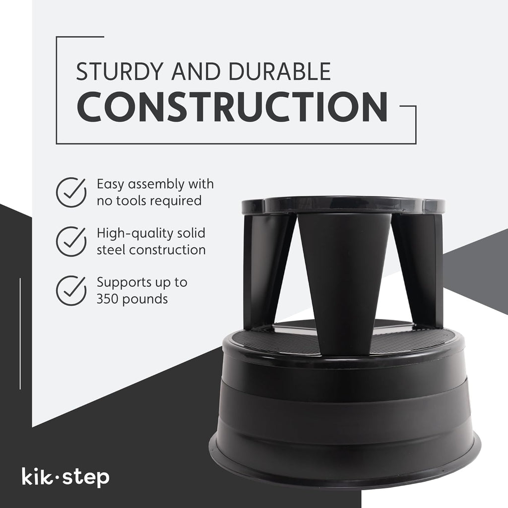 Cramer Kik Step Steel Step Stool - Two Step, Holds 350 lbs, Rolling Stool with Wheels, Non-Slip Surface, Black