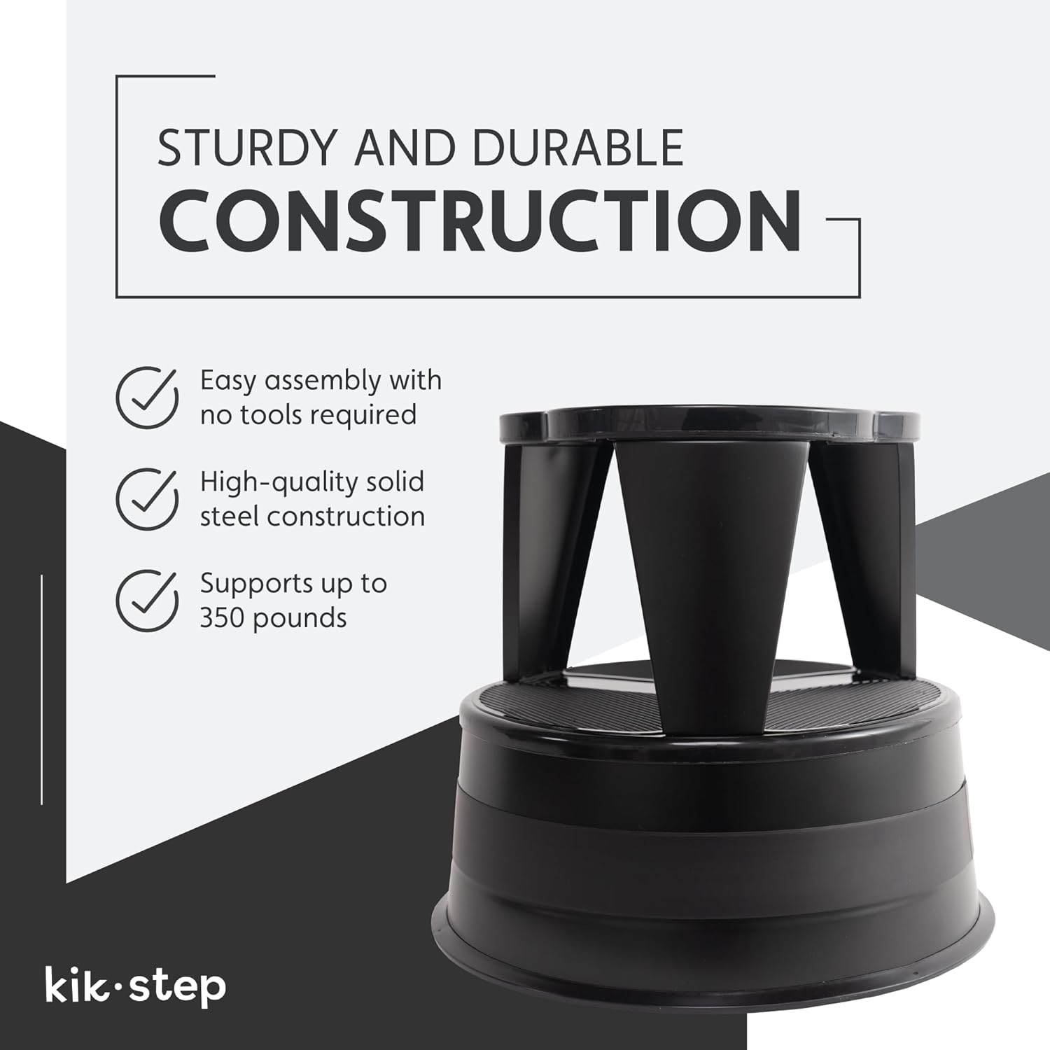 Cramer Kik Step Steel Step Stool - Two Step, Holds 350 lbs, Rolling Stool with Wheels, Non-Slip Surface, Black