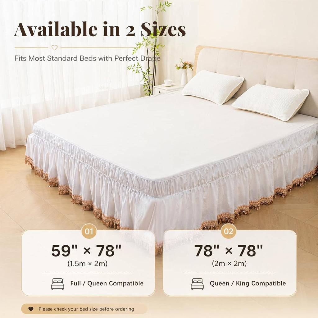 Wrap Around Ruffle Bed Skirt, Queen Size Beds Skirts, Bedskirt Elastic Dust Ruffled with Adjustable Belts, Tassel and Embroidered Bed Frame Cover (Tassel, 59"×79")
