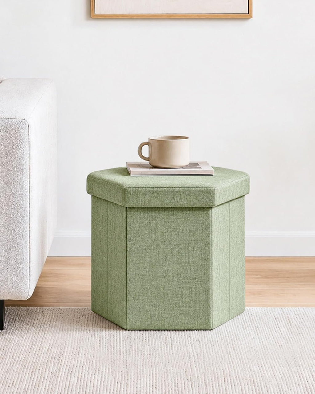 B FSOBEIIALEO Storage Ottoman Cube Hexagonal Pouf Ottomans, Foot Rest Seat for Sofa Footrest Entryway Shoe Footstool for Living Room/Bedroom/Entrway Chenille Green 16.93"x15"x15"