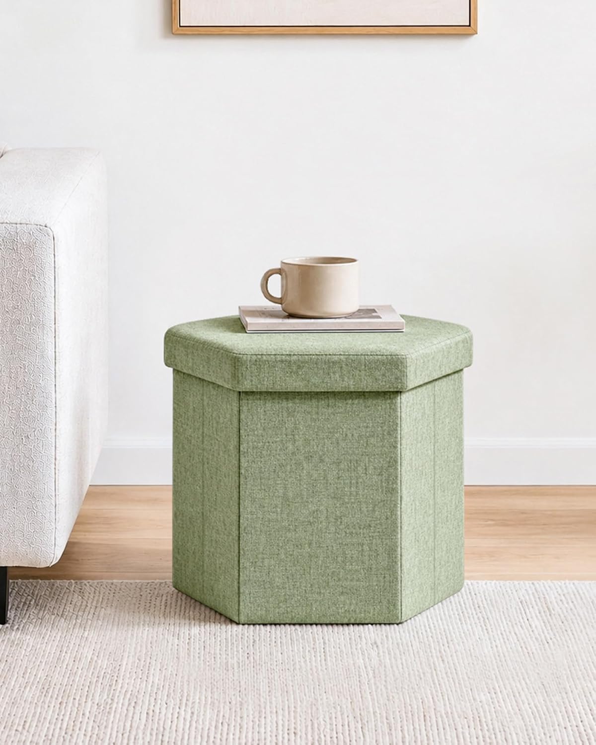 B FSOBEIIALEO Storage Ottoman Cube Hexagonal Pouf Ottomans, Foot Rest Seat for Sofa Footrest Entryway Shoe Footstool for Living Room/Bedroom/Entrway Chenille Green 16.93"x15"x15"