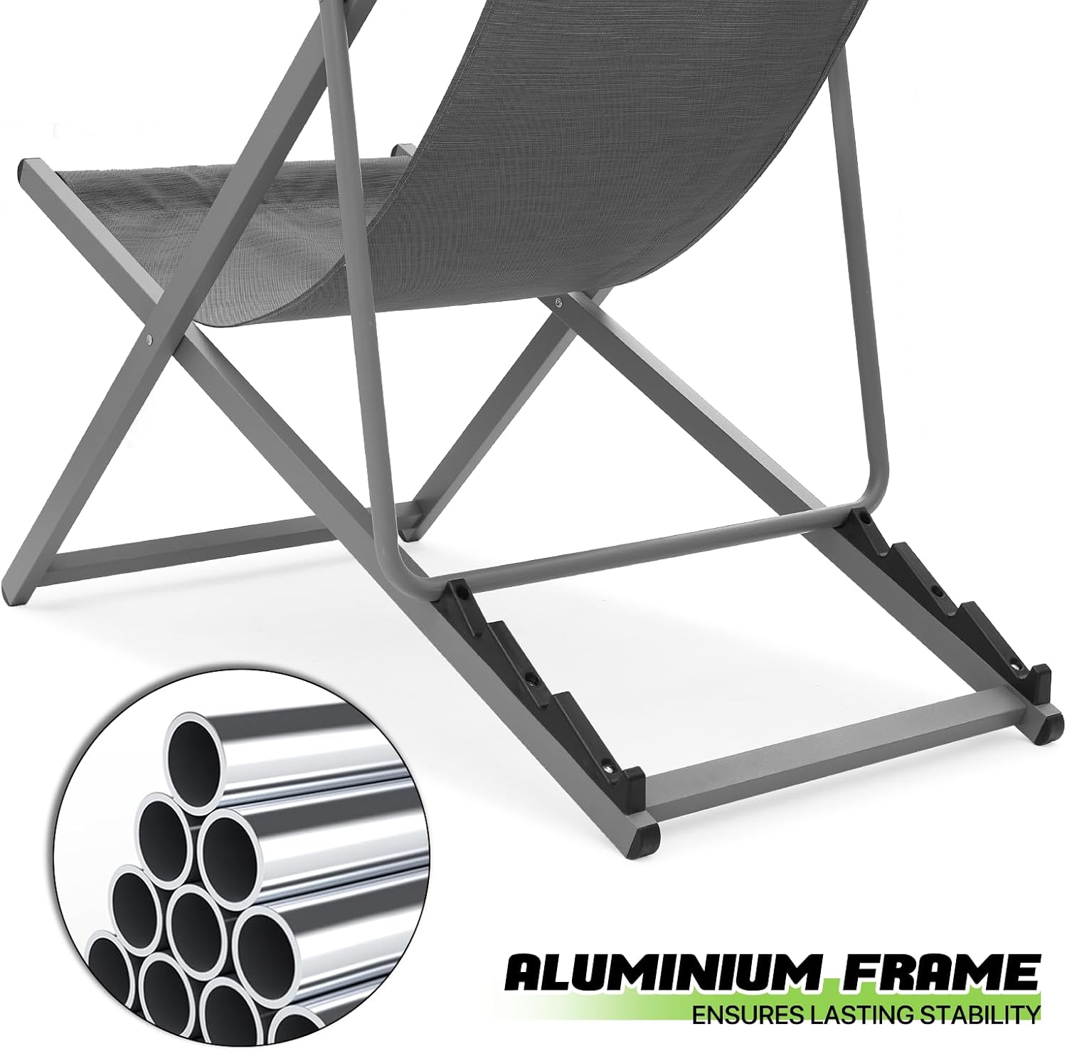 Magshion Folding Beach Sling Chairs Set of 2, 4 Level Adjustable Reclining Design, Lightweight Aluminum Frame, Portable Outdoor Chair for Backyard, Poolside and Camping, Support to 250 lbs, Gray
