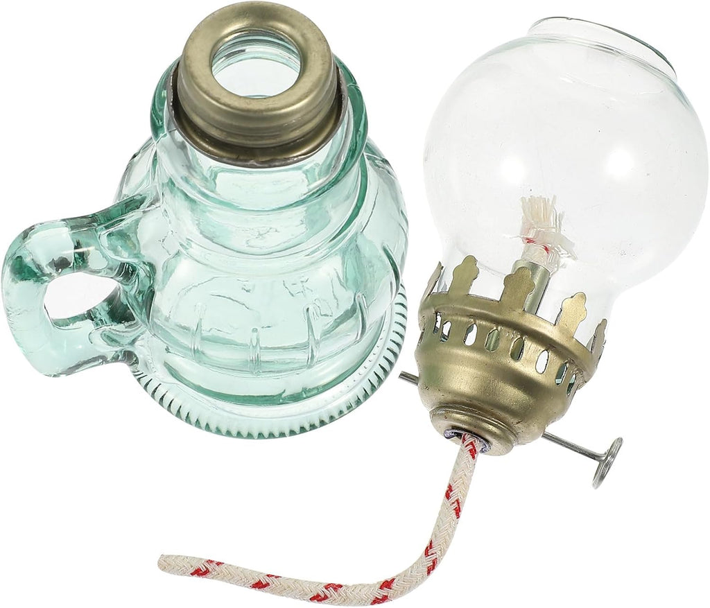 FAVOMOTO Vintage Glass Kerosene Oil Lamp Retro Style Oil Lantern for Indoor Home Décor, Emergency Lighting, Round Teal Lantern