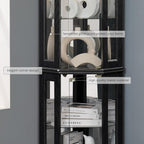 Corner Curio Cabinet, 70" H Lighted Glass Display Cage with Tempered Glass Doors and Adjustable Shelves, Bulb Inclued, Wine Bar China Cabinet for Living Room Liquor Storage (Black)