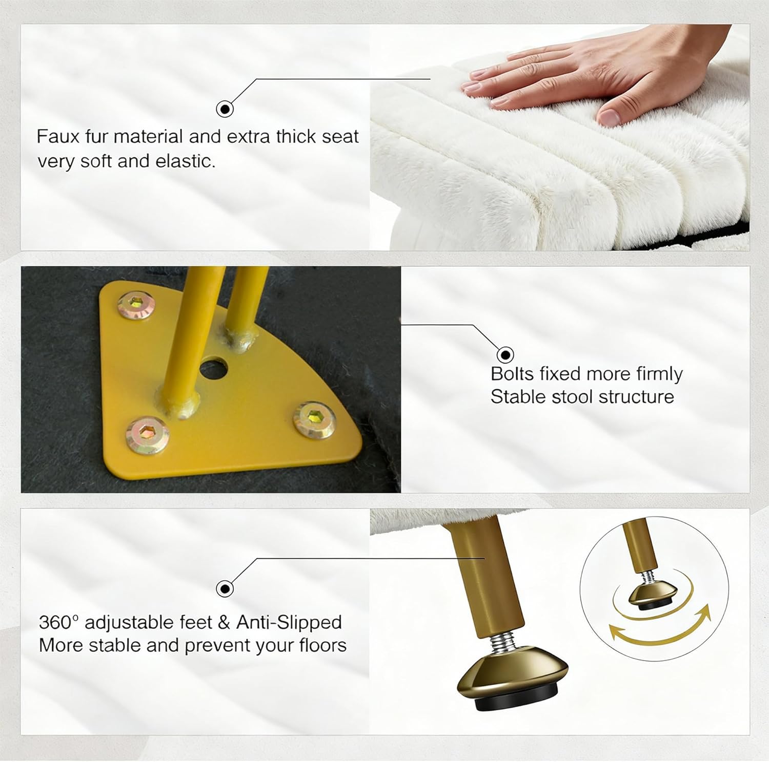 Small Foot Stool with Storage & Gold Metal Legs, Small Ottoman Foot Rest Under Desk for Couch, Chair, White Furry with High-Density Resilient Sponge