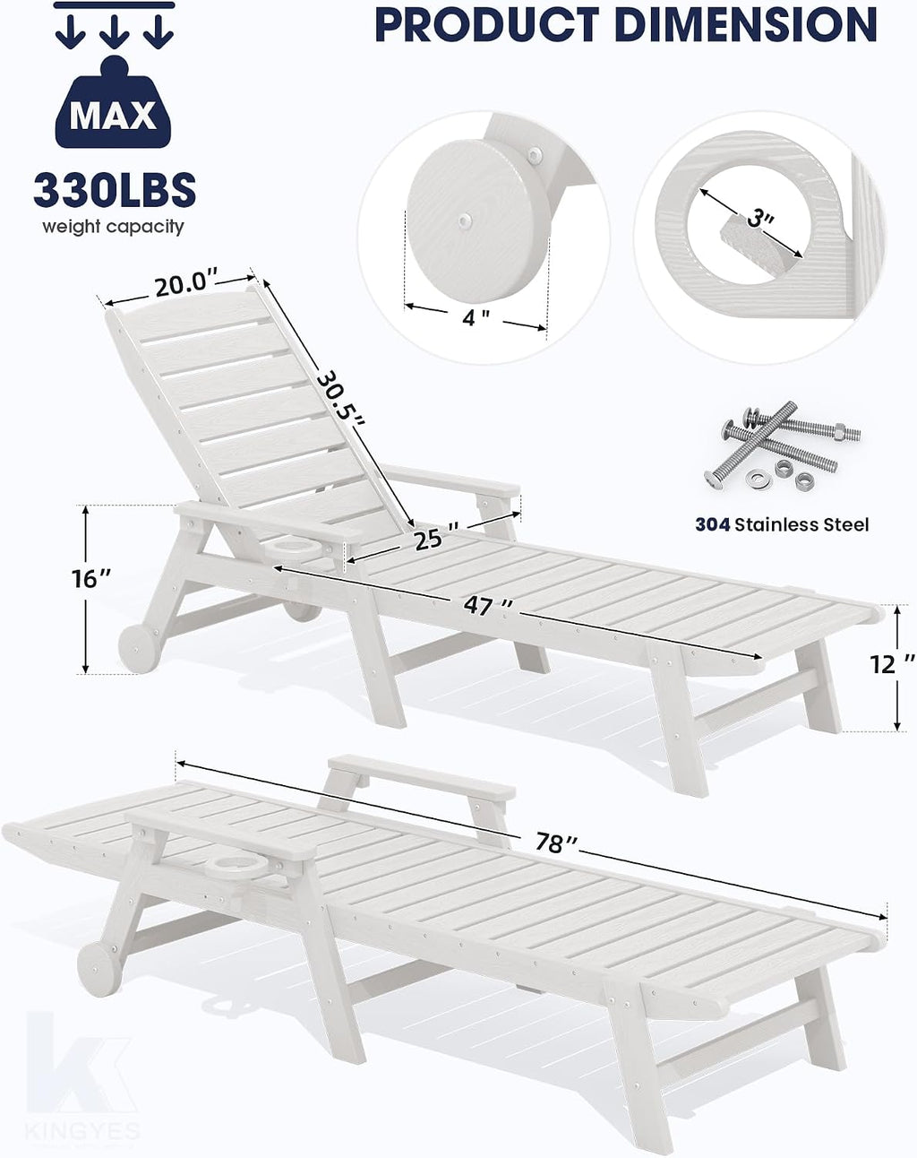 KINGYES HDPE Lounge Chair Outdoor Set of 2, Patio Chaise Lounge Recliner with Cup Holder All Weather Pool Lounger for Outside, White