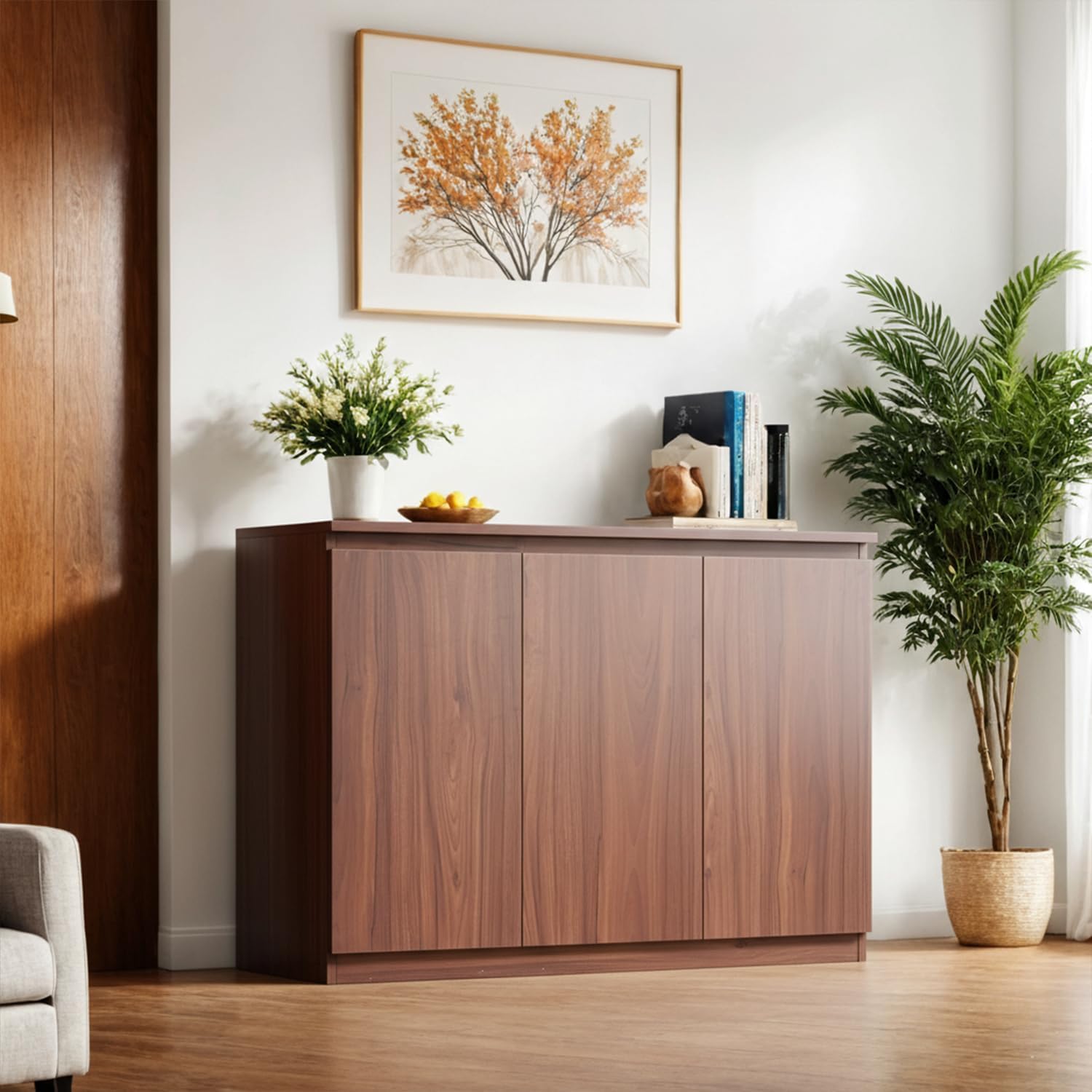holzart 43" Walnut Brown Buffet Cabinet Sideboard with Storage - Modern 3-Door Wood Grain Kitchen Cupboard & Coffee Bar Station for Dining Room, Living Room - Adjustable Shelf, 43.3" W x 31.5" H