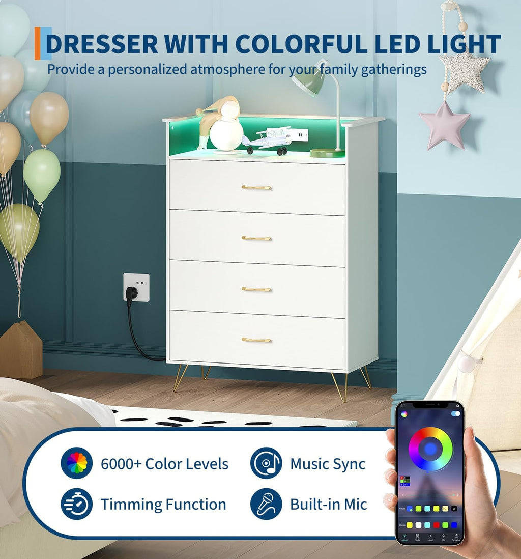 Jojoka 4 Drawer Dresser with RGB LED Light & Charging Station - Modern Chest of Drawers with App Control - Tall Wooden Dressers Chest, Closet for Bedroom, Living Room, Entryway, Hallway – White