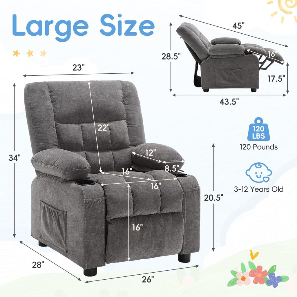 BOSMILLER Kids Recliner Chair， Push Back Toddler Recliner with Cup Holders & Side Pockets， Adjustable Footrest & Headrest Kids Sofa for Boys Girls 3+ Age Group