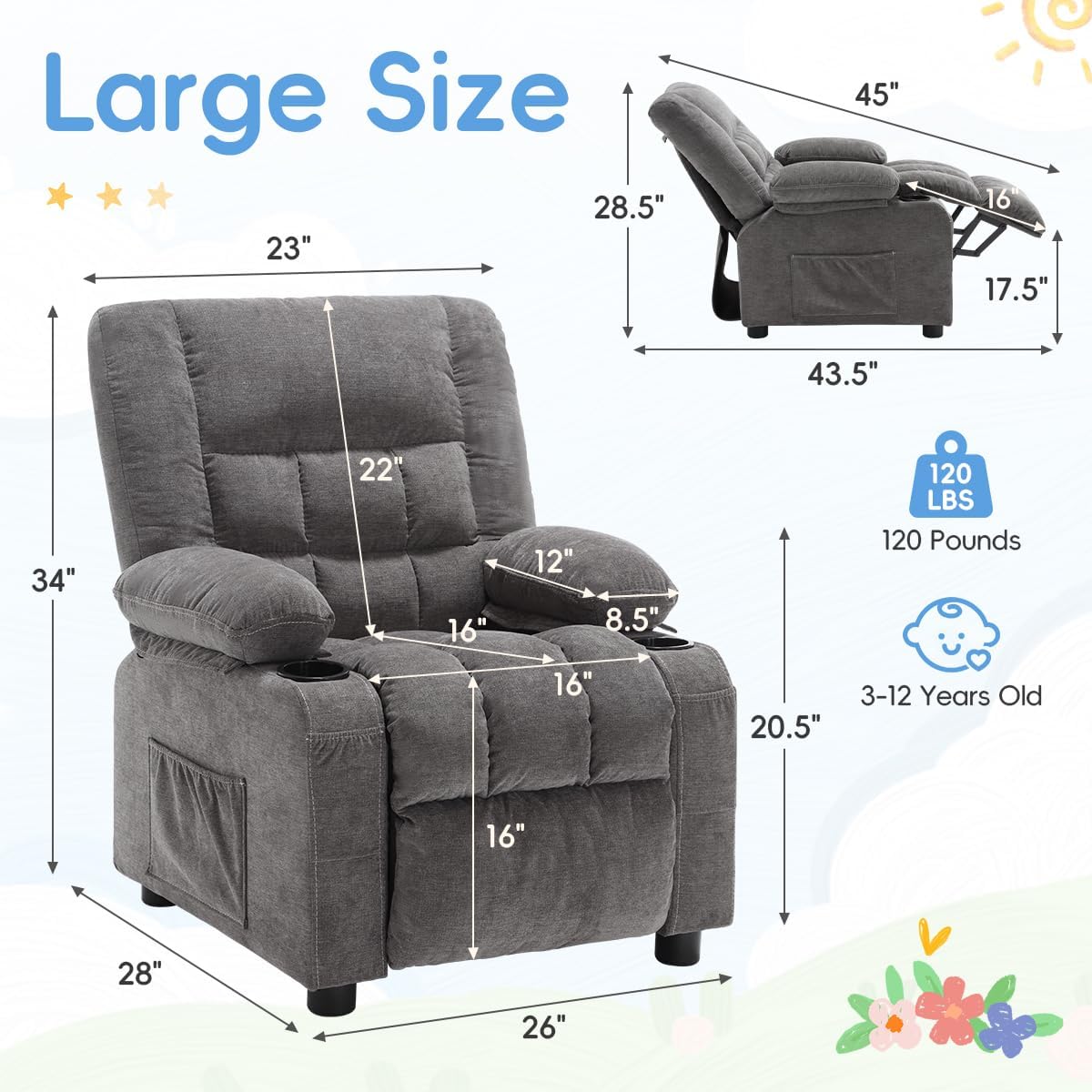 BOSMILLER Kids Recliner Chair， Push Back Toddler Recliner with Cup Holders & Side Pockets， Adjustable Footrest & Headrest Kids Sofa for Boys Girls 3+ Age Group