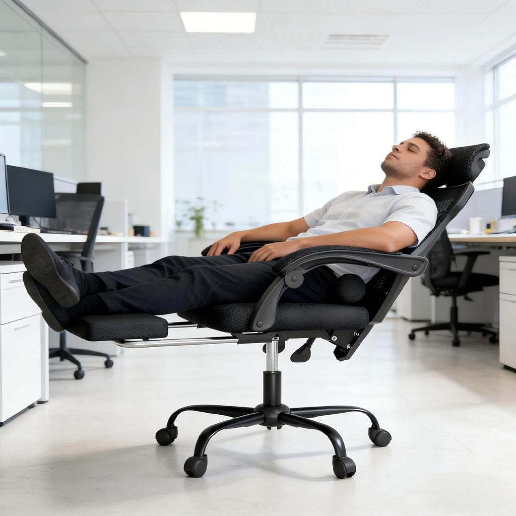 Mr IRONSTONE Mesh Office Chair with Footrest, High Back Reclining Desk Chair with Adjustable Headrest, Comfortable Task Chair for Home Office, Black
