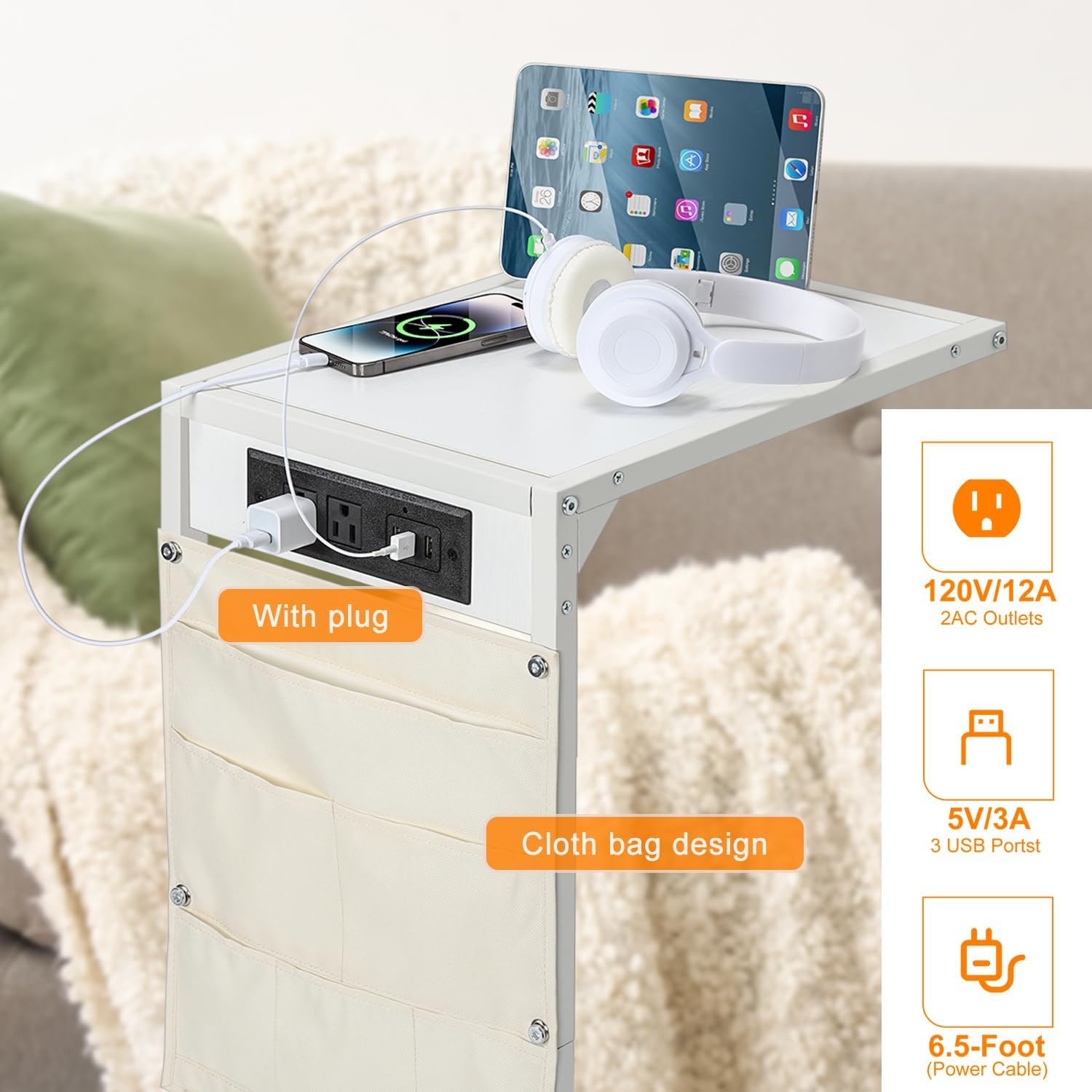 C Shaped End Table Set of 2, TV Tray with Charging Station, USB Ports and Outlets, Slide Under Couch, Storage Bag, for Small Spaces (White)