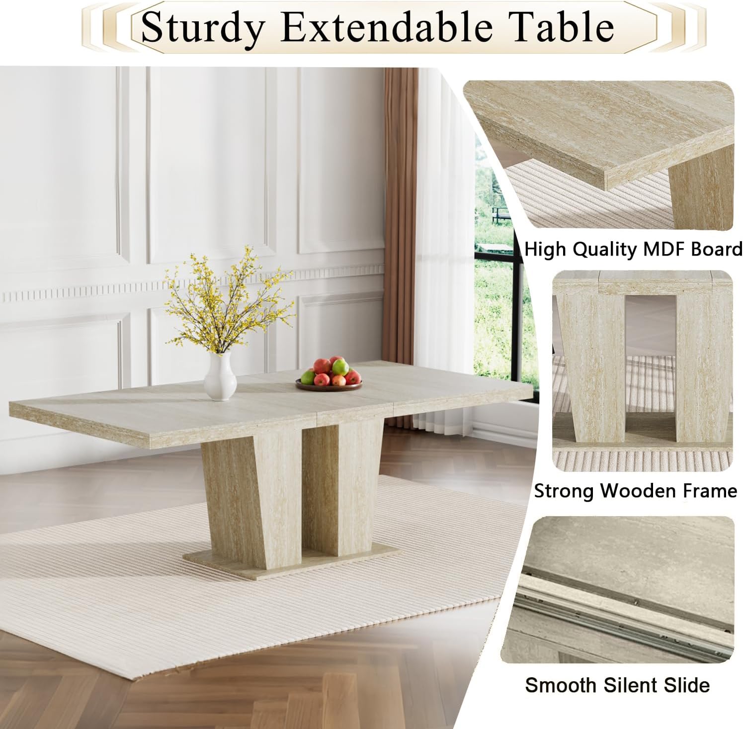 7-Piece Extendable Dining Table Set for 6, 63-78" Faux Travetine Kitchen Table Set for 6 with Grey Tufted Chairs, Rectangular Expandable Dining Room Table with Dual Columns Base,Space-Saving