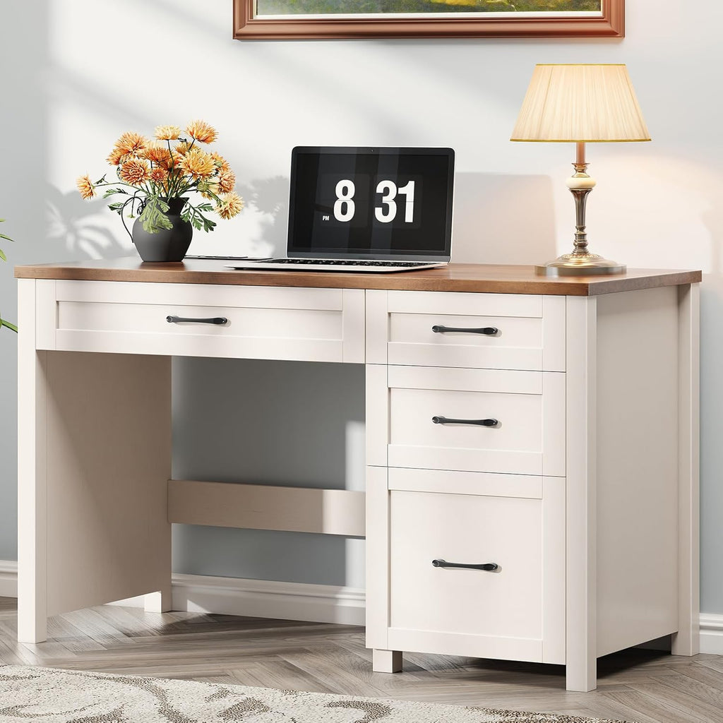 Vabches Farmhouse 47" Executive Desk with 4 Drawers, Computer Desk with File Drawer and Charging Station, Workstation for Home Office, Study. Unique White.