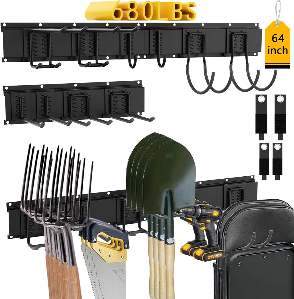 CBWLWJ 64 Inch Garage Tool Organizer Wall Mount, Heavy Duty Steel Storage Rack with 10 Adjustable Hooks, 680 lbs Capacity for Garage, Shed, Basement, Workshop,（Black）