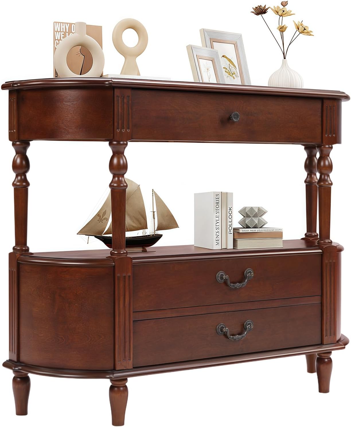 Solid Wood Retro Curved Console Table, 43" Half Moon Console Table Sofa Table Entryway Table with 3 Drawers Open Shelf Pine Roman Legs Curved Corners for Living Room,Entryway,Hallway,Cherry