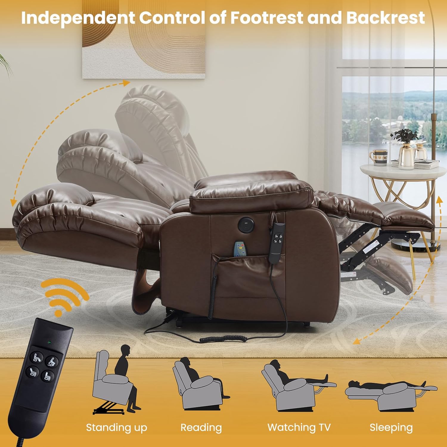 PARKOL Dual Motor Power Lift Recliner Chair for Elderly, 180-Degree Infinite Position Lay Flat Leather Recliner Chairs, with Massage and Heating, USB & Type-C Port and Remote Brown