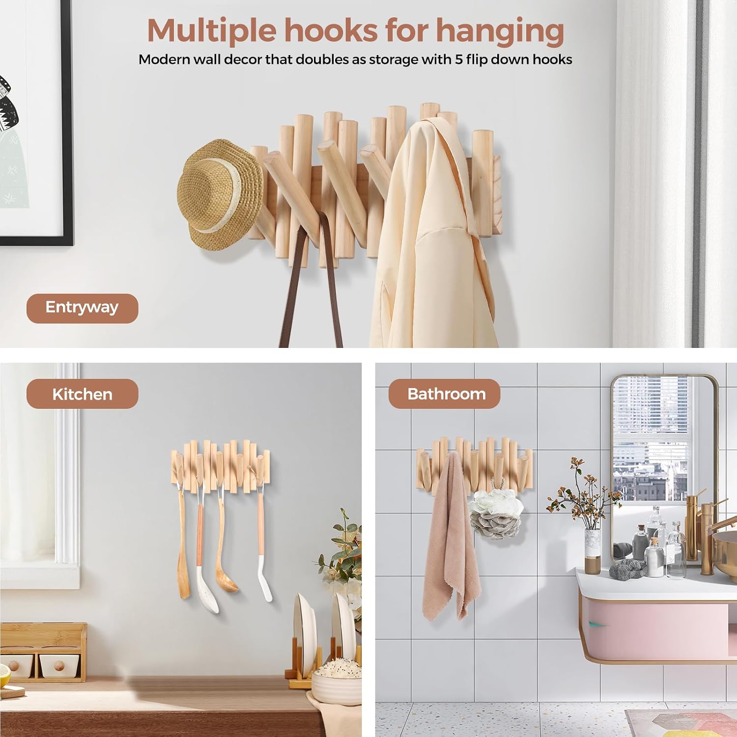 Wall Mount Coat Rack with 5 Hooks: Space-Saving Wall Coat Rack, Hooks for Hanging in Entryway, Bathroom, Home Office