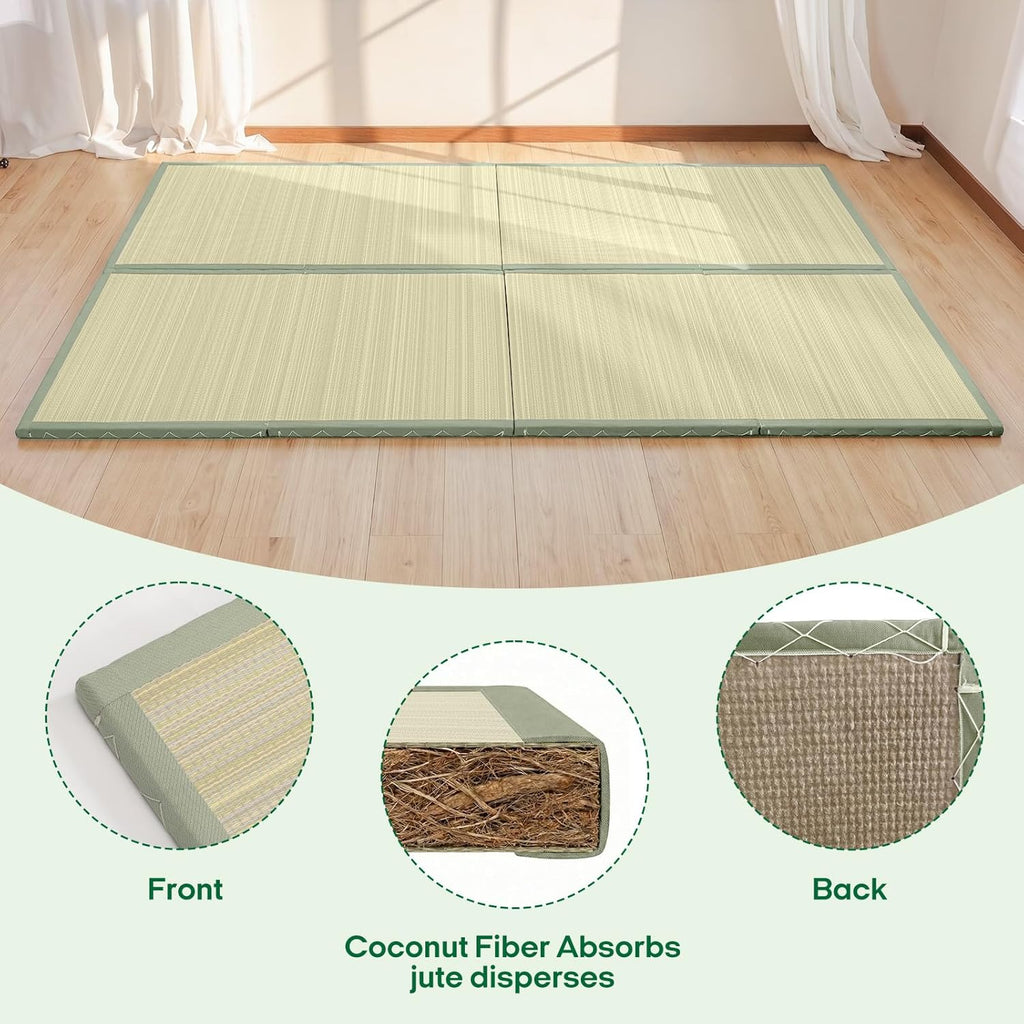 ZonLi Japanese Tatami Mat, Foldable Floor Sleeping Pad Futon Mattress, Made from Natural Coconut Shell Fiber & Jute Fiber, Firm Traditional Floor Bed Queen 80"x60"