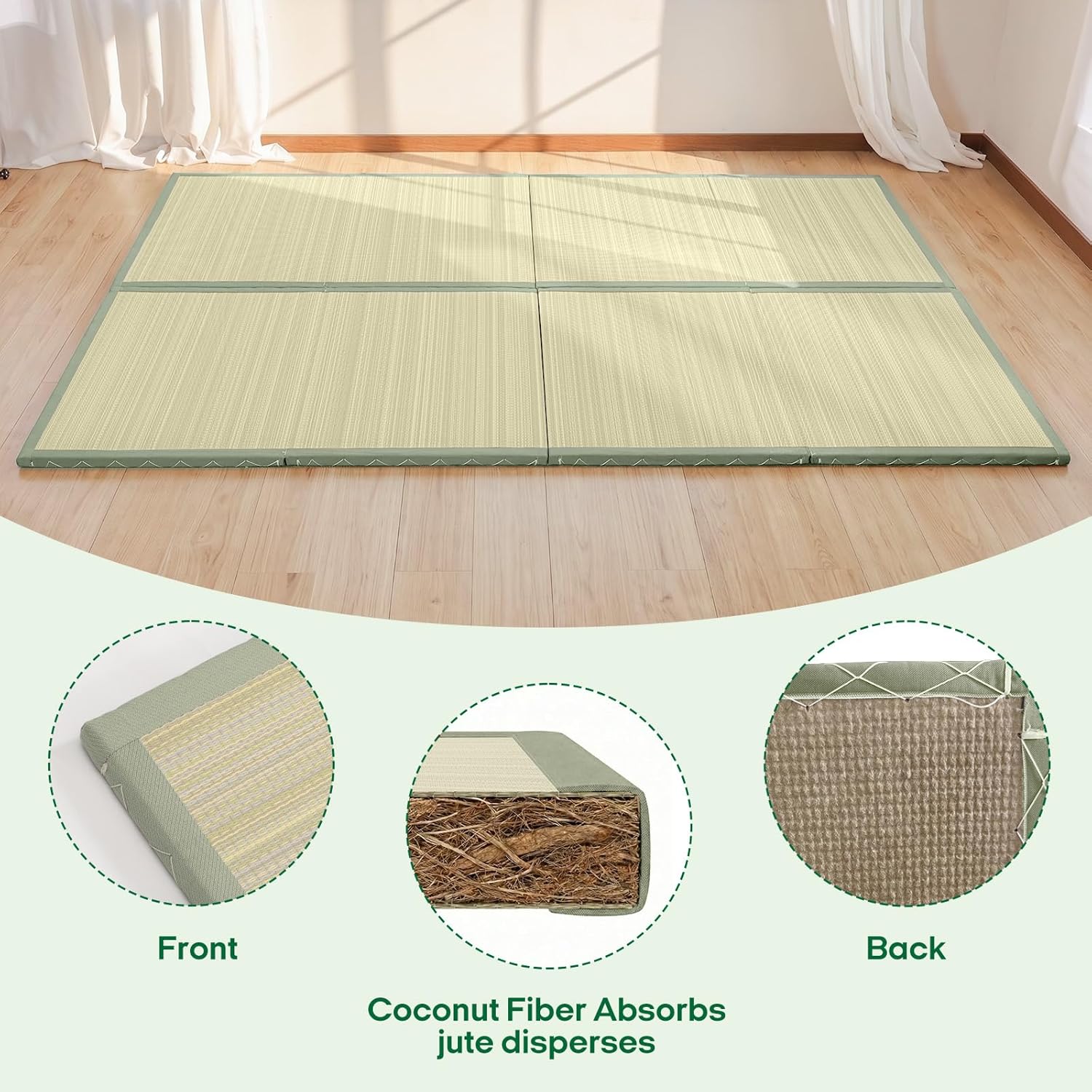 ZonLi Japanese Tatami Mat, Foldable Floor Sleeping Pad Futon Mattress, Made from Natural Coconut Shell Fiber & Jute Fiber, Firm Traditional Floor Bed Queen 80"x60"
