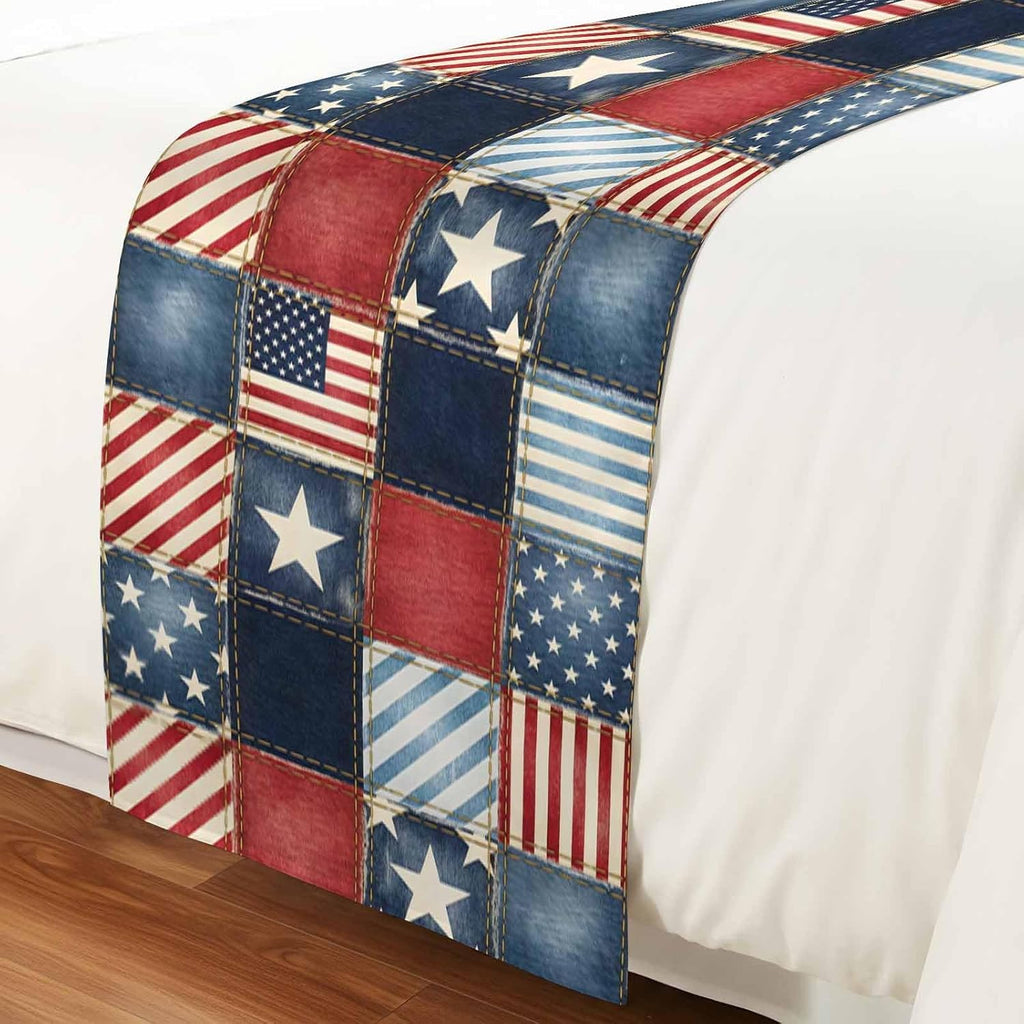 4th of July Bed Runner Stars Stripes Patchwork Bedding Scarves Soft Decorative Bed Flag Retro Checkered Grid Bed Runners for King Size Bed Home Hotel Bedroom Independence Day Decor 20x94 Inch